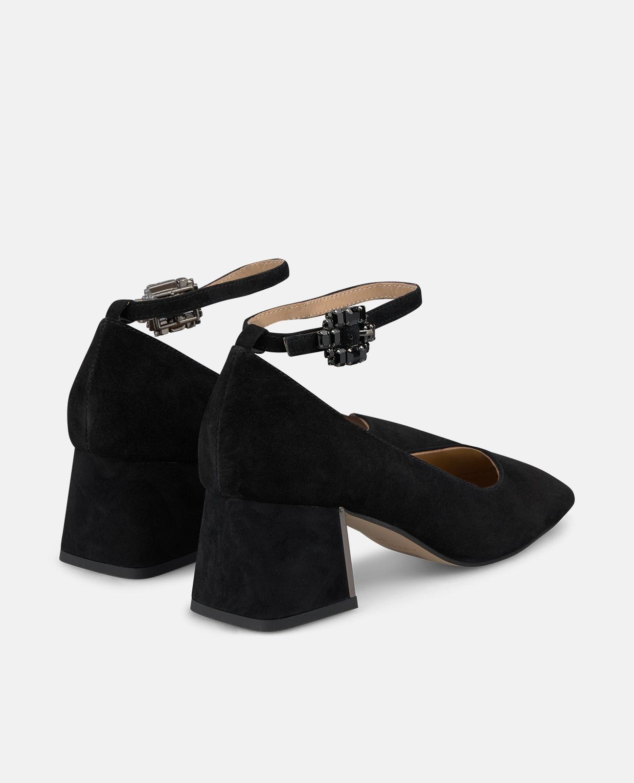 Sapatos de Salto com Fivela Joia e Biqueira Quadrada Preto-3