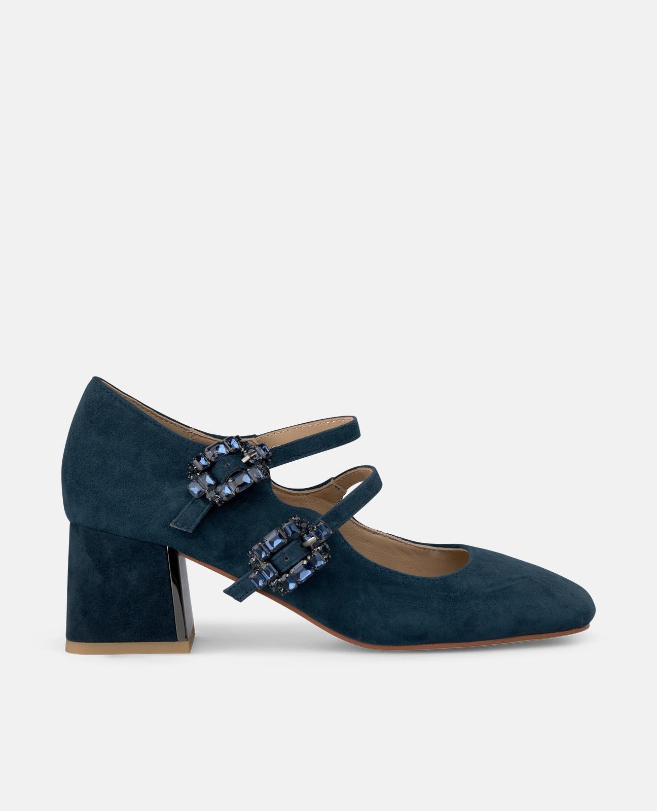 Sapatos de Salto com Duas Fivelas Joia e Biqueira Quadrada Azul-marinho-1