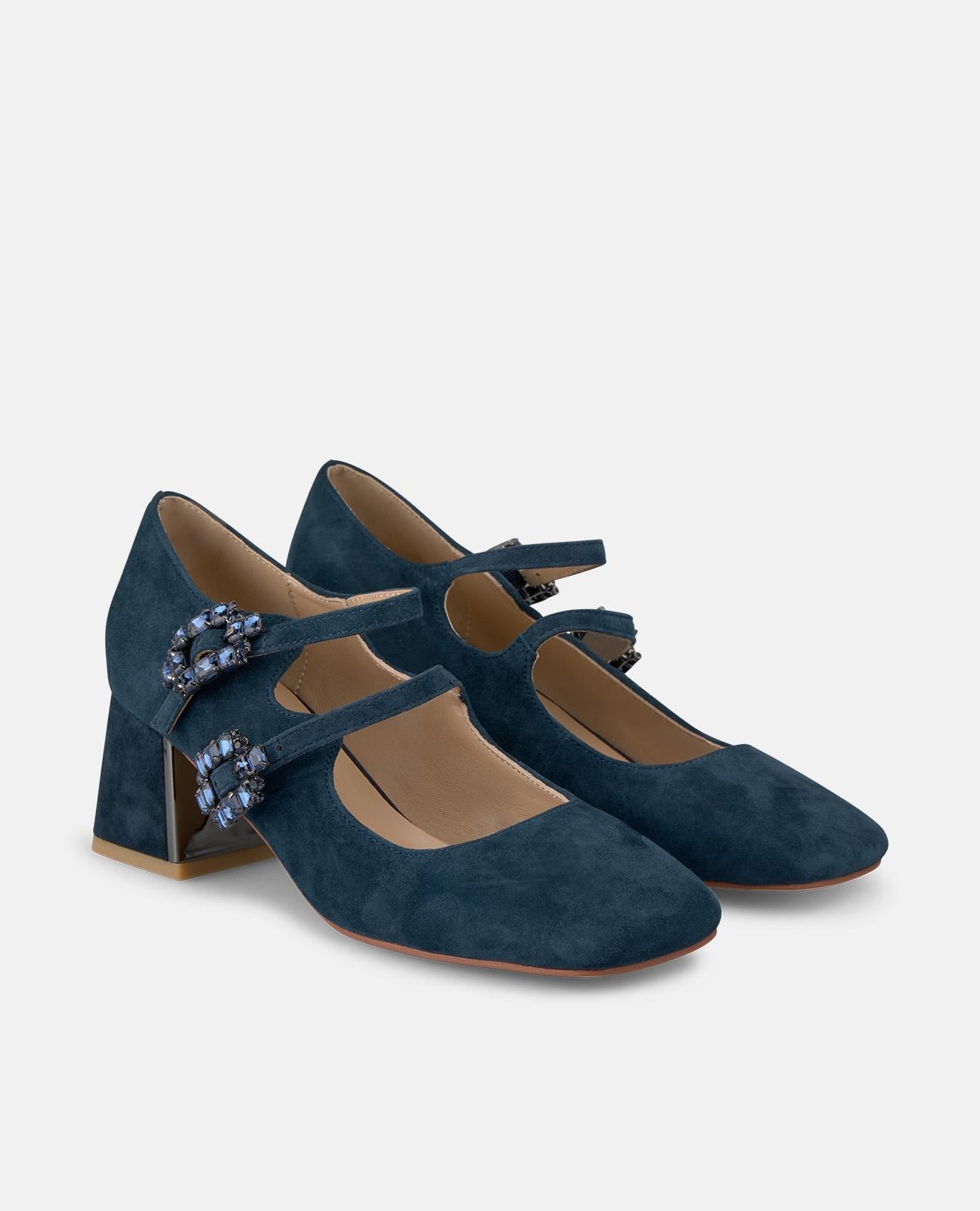 Sapatos de Salto com Duas Fivelas Joia e Biqueira Quadrada Azul-marinho-2