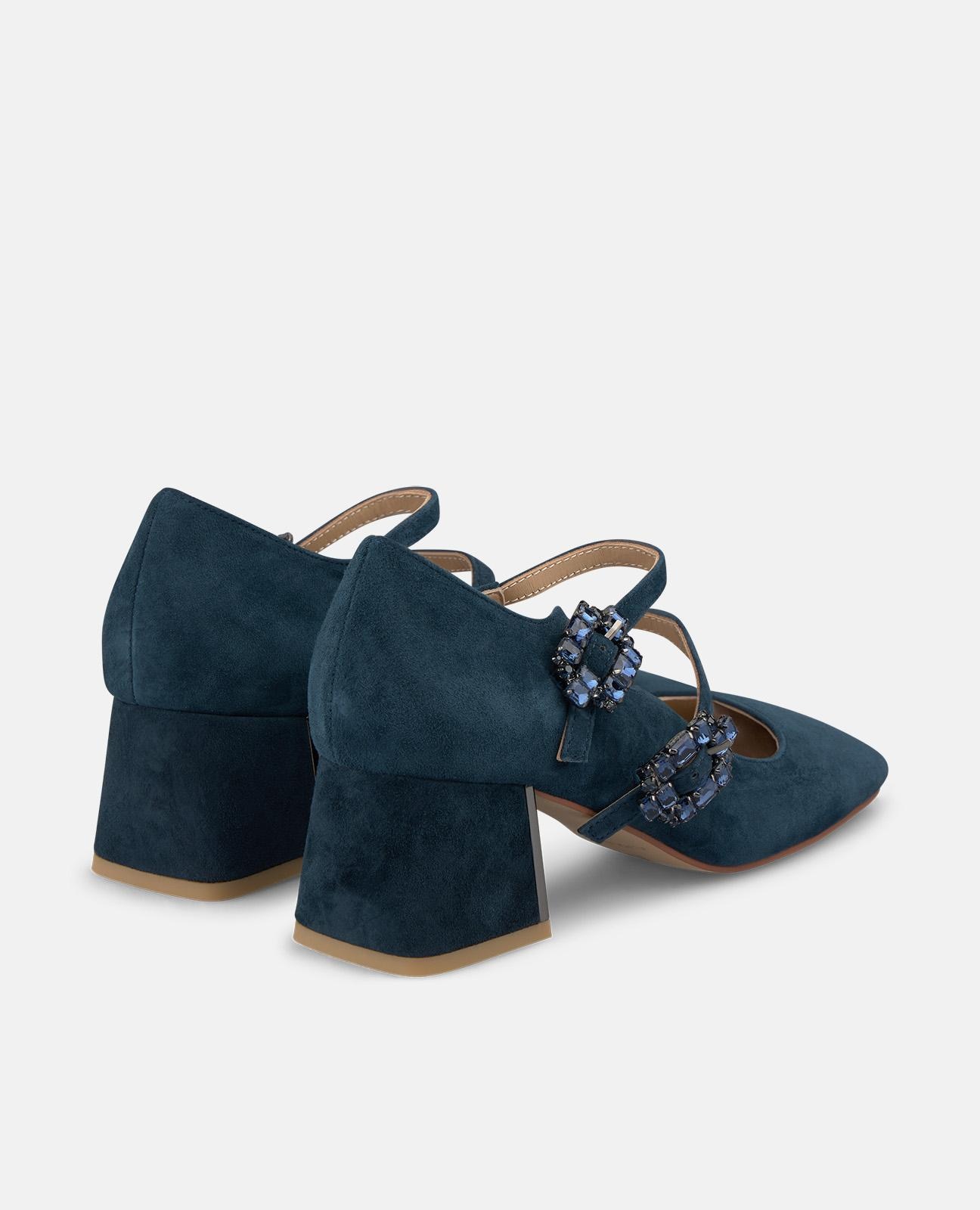 Sapatos de Salto com Duas Fivelas Joia e Biqueira Quadrada Azul-marinho-3