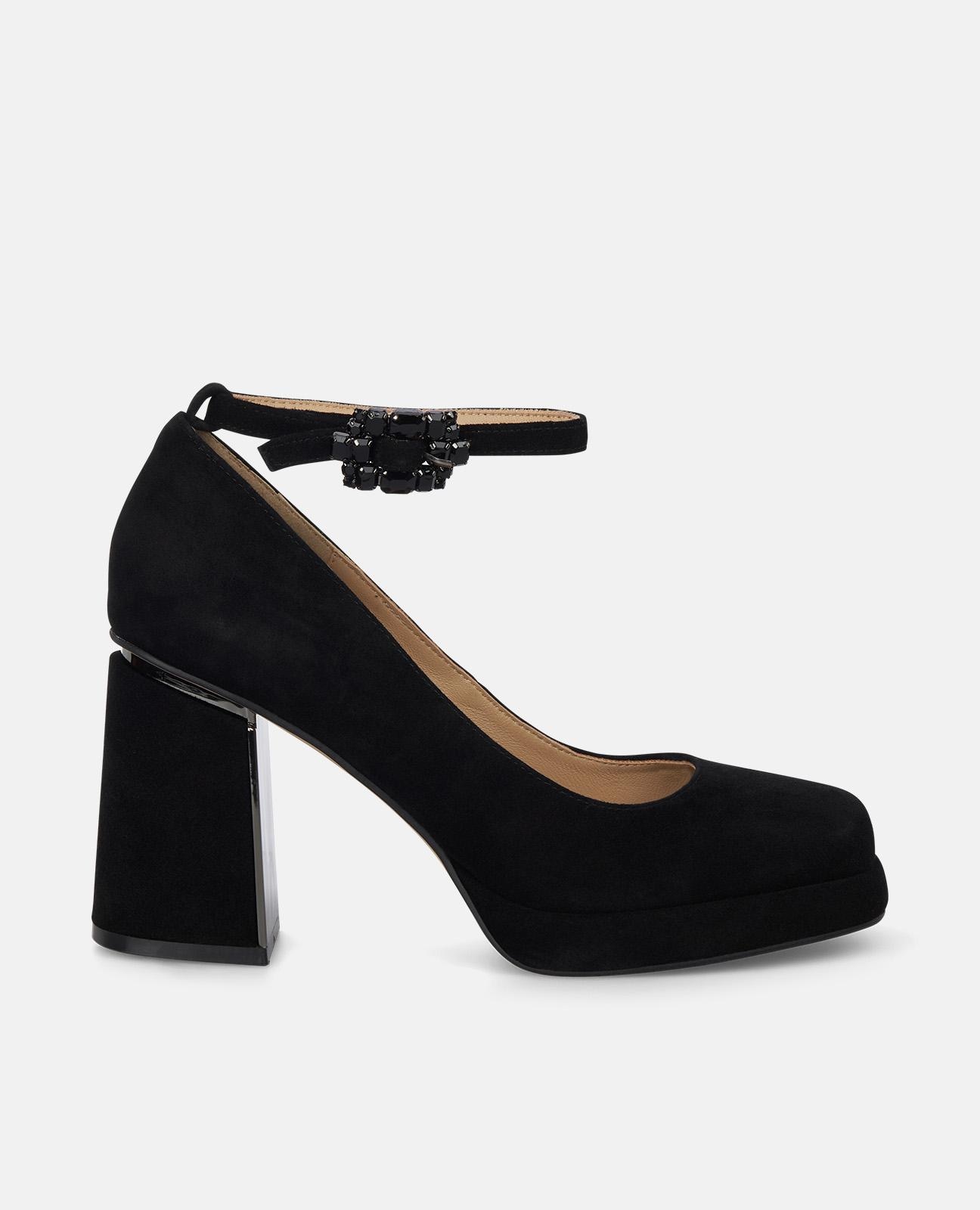 Sapatos de Salto com Tacão Largo e Fivela de Pedraria Preto-1