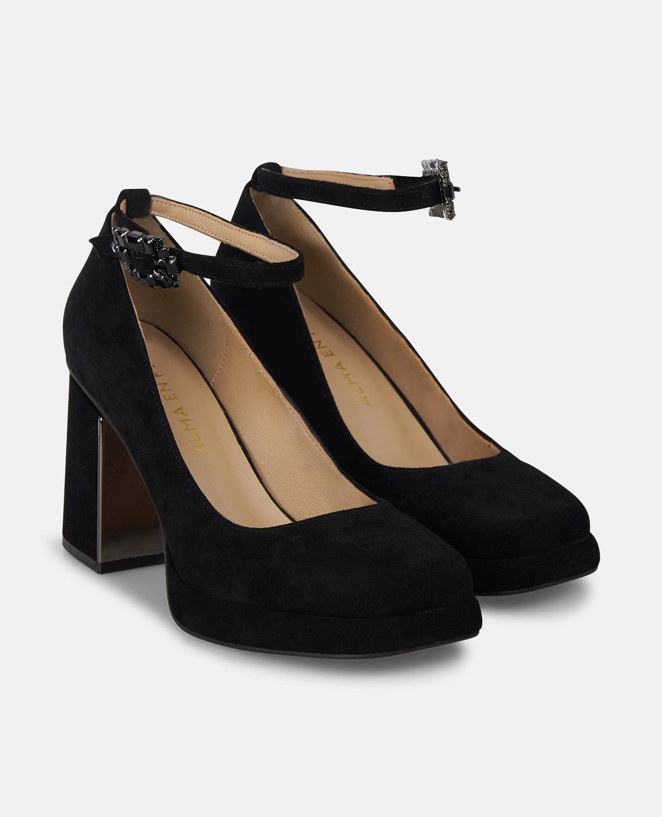Sapatos de Salto com Tacão Largo e Fivela de Pedraria Preto-2