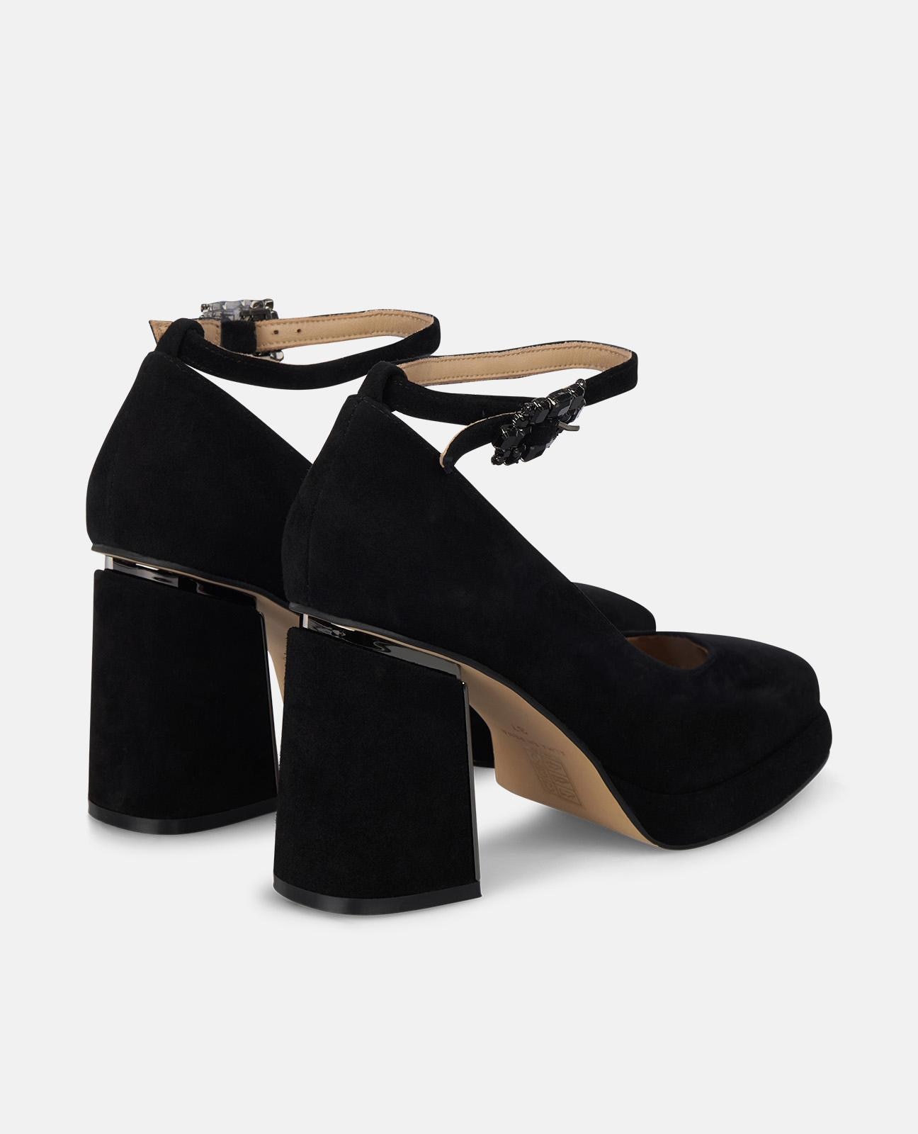 Sapatos de Salto com Tacão Largo e Fivela de Pedraria Preto-3
