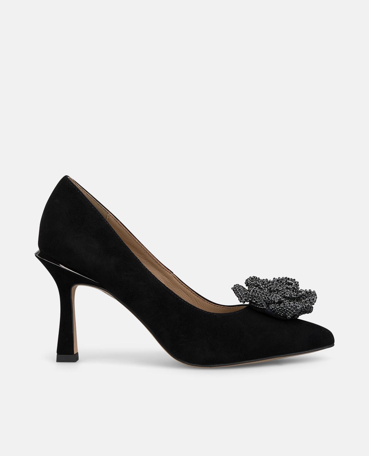Sapatos de Salto com Adorno de Flor e Biqueira Pontiaguda Preto-1