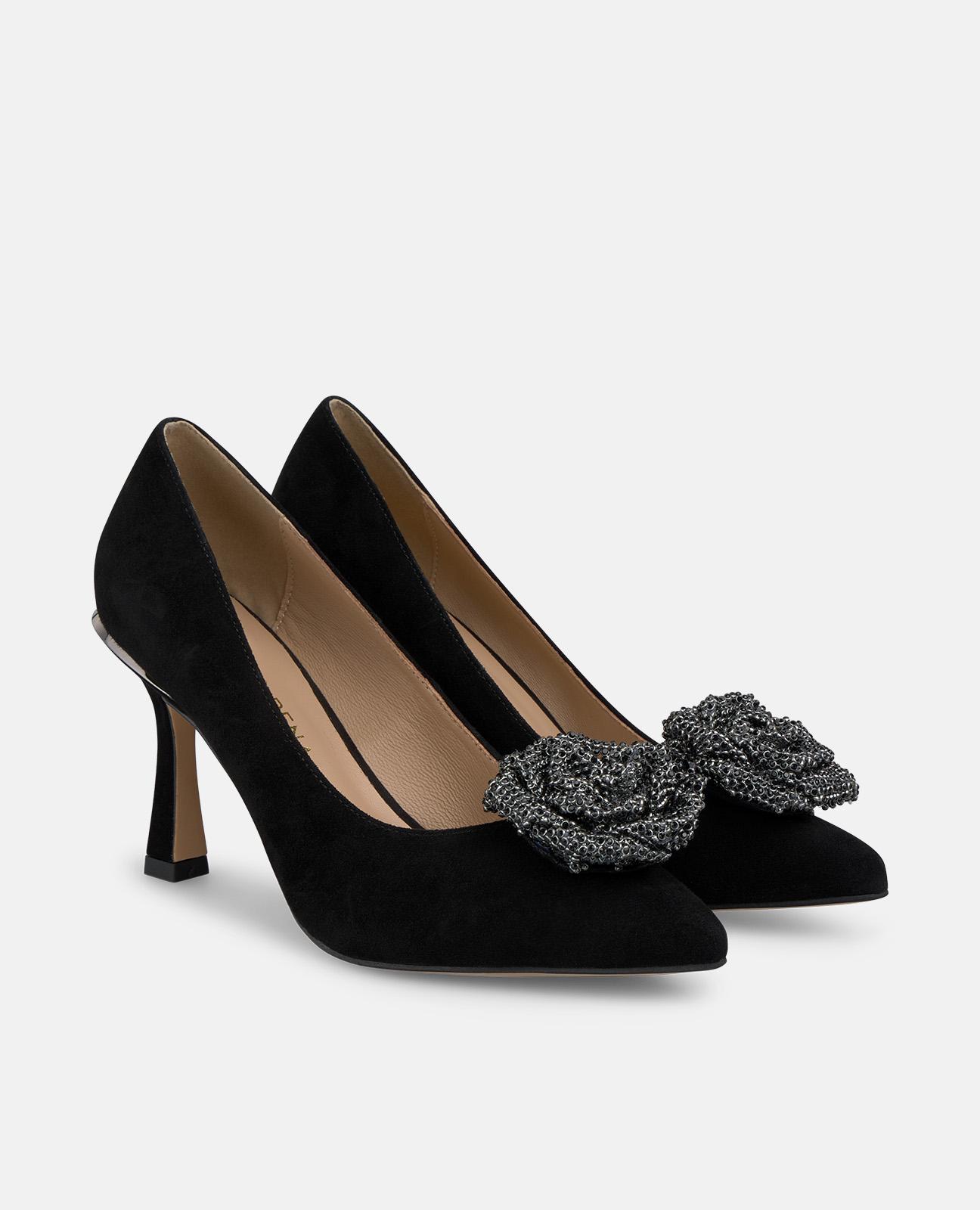 Sapatos de Salto com Adorno de Flor e Biqueira Pontiaguda Preto-2