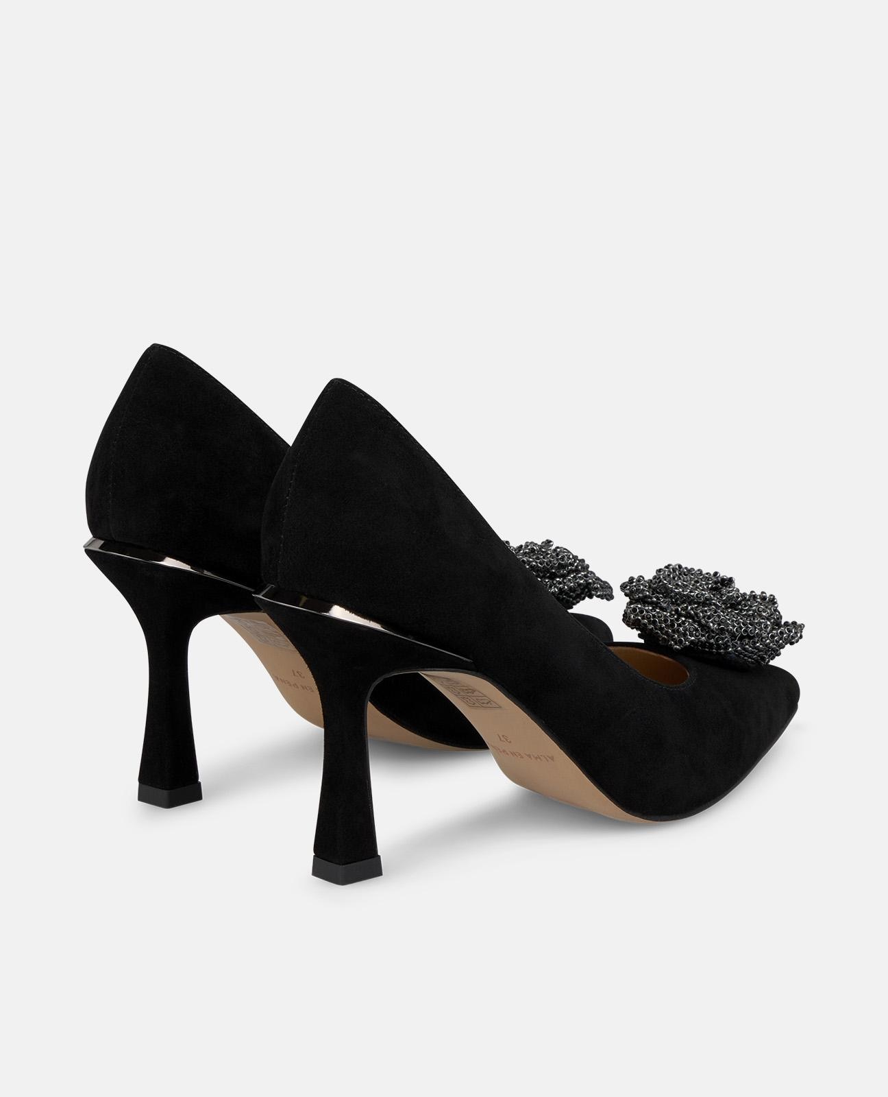 Sapatos de Salto com Adorno de Flor e Biqueira Pontiaguda Preto-3