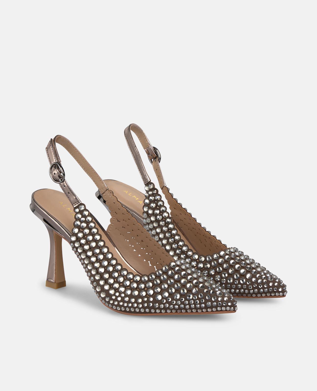 Sapatos de Salto com Detalhes de Pedraria e Biqueira Afiada Prata-2