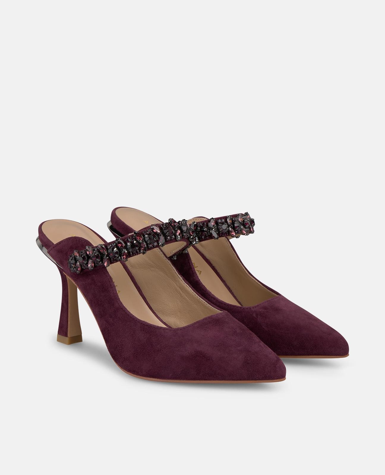 Sapatos de Salto com Calcanhar Aberto e Biqueira Pontiaguda e Tira de Pedraria Bordeaux-2