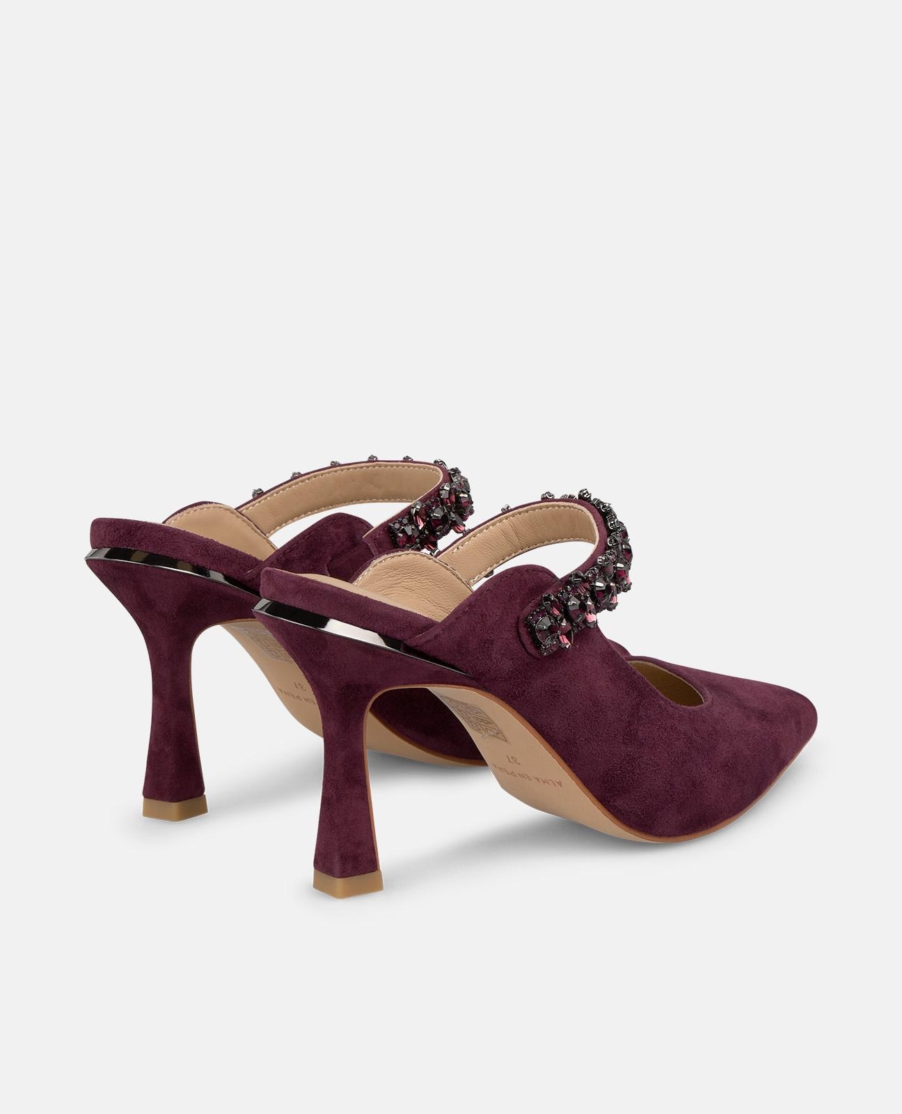 Sapatos de Salto com Calcanhar Aberto e Biqueira Pontiaguda e Tira de Pedraria Bordeaux-3