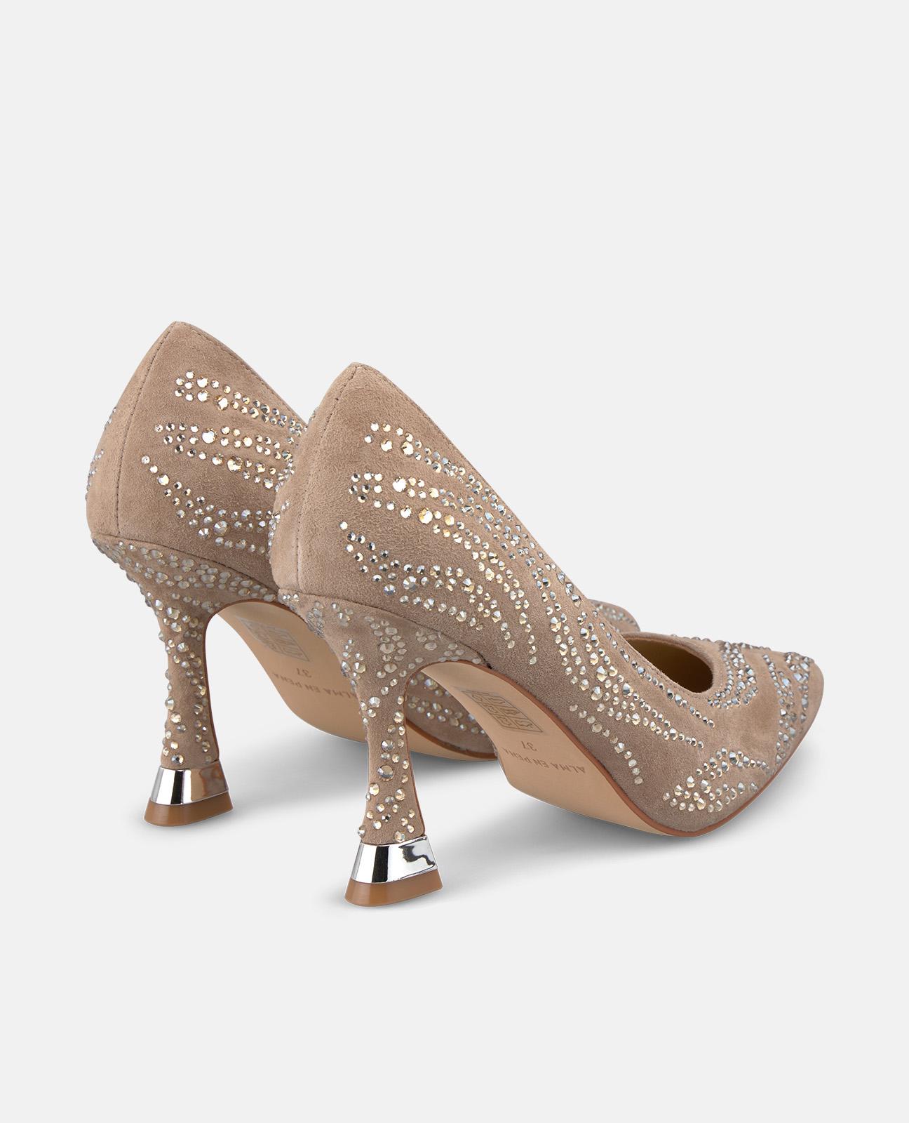 Sapatos de Salto com Biqueira Afiada e Detalhes de Pedraria Bege-3