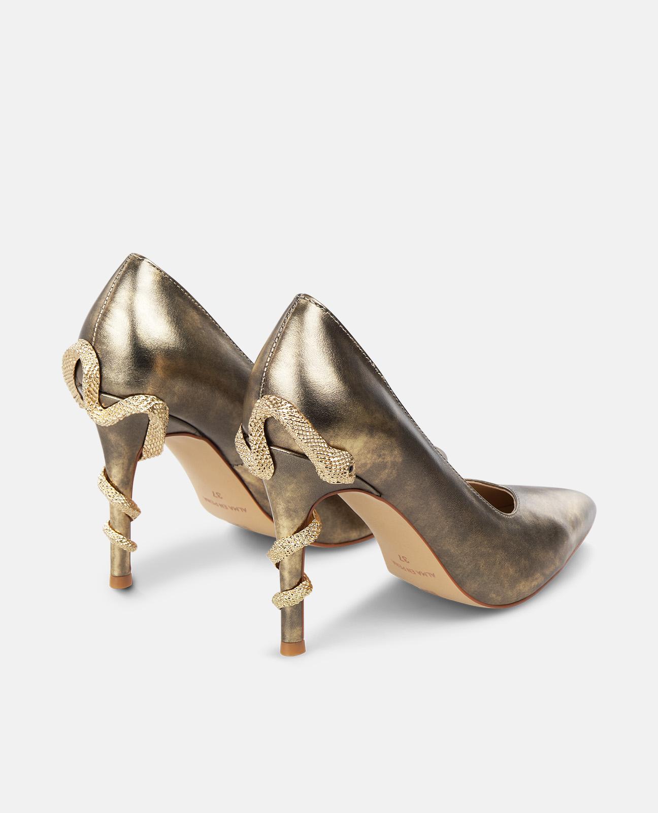 Sapatos de Salto com Detalhe de Serpente no Tacão e Biqueira Afiada Ouro-3