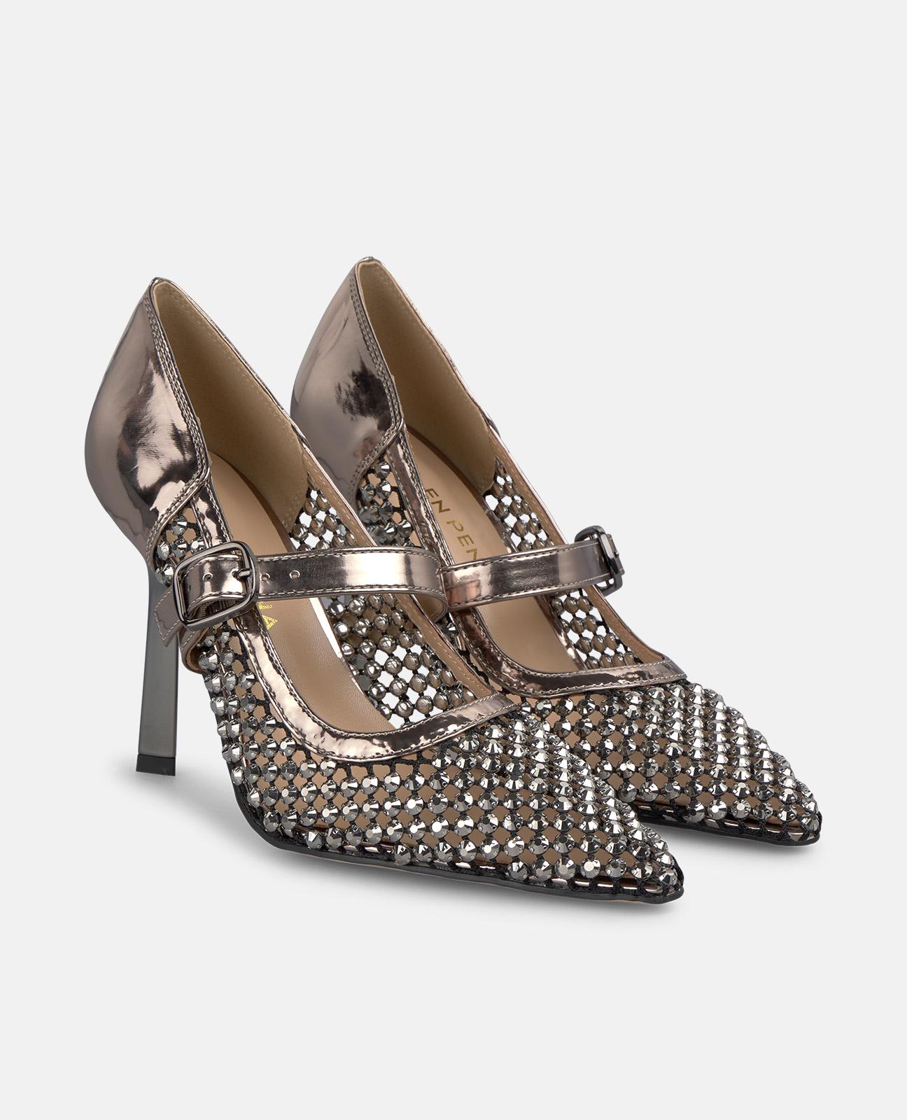 Sapatos de Salto de Rede com Pedraria Prata-2