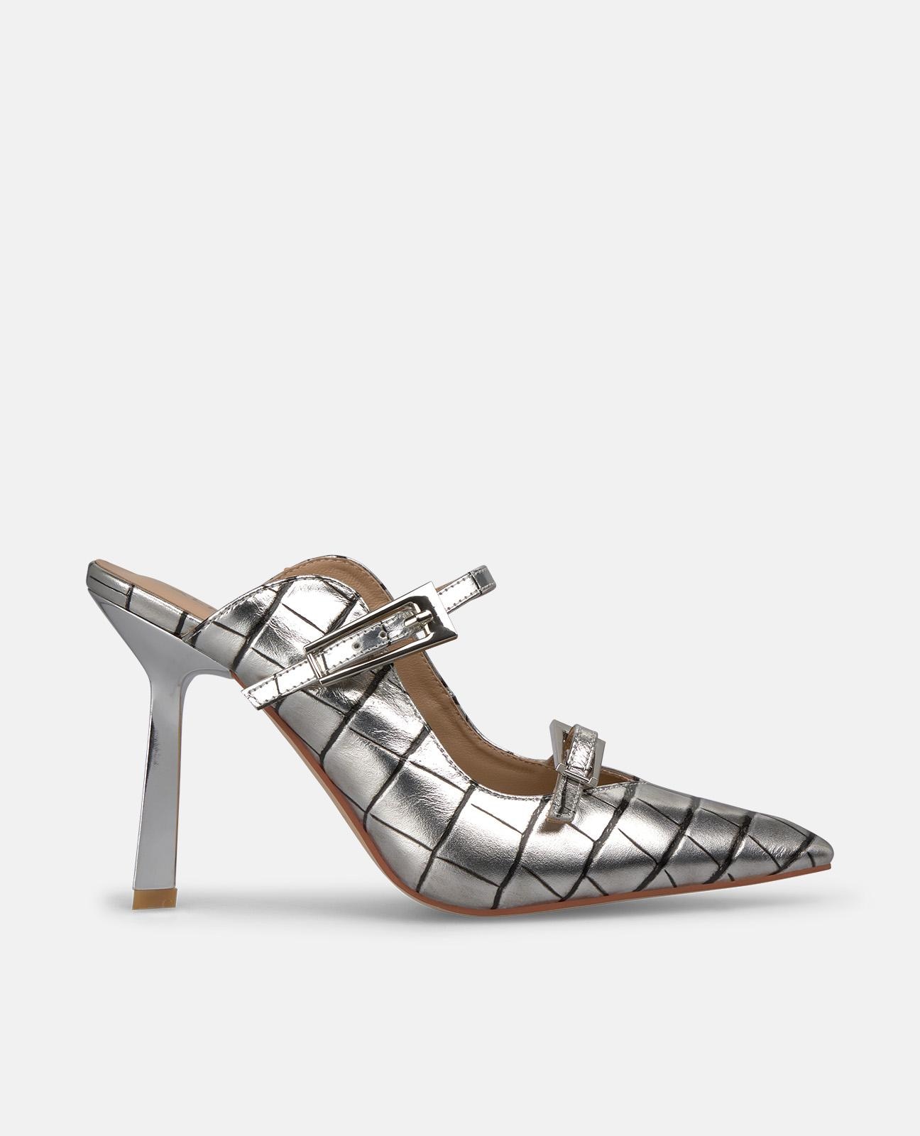 Sapatos de Salto com o Calcanhar Aberto com Duas Fivelas Prata-1