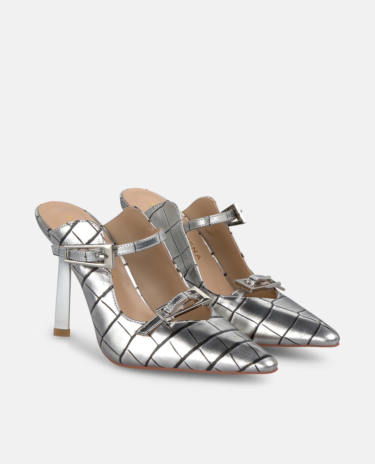 Sapatos de Salto com o Calcanhar Aberto com Duas Fivelas Prata-2