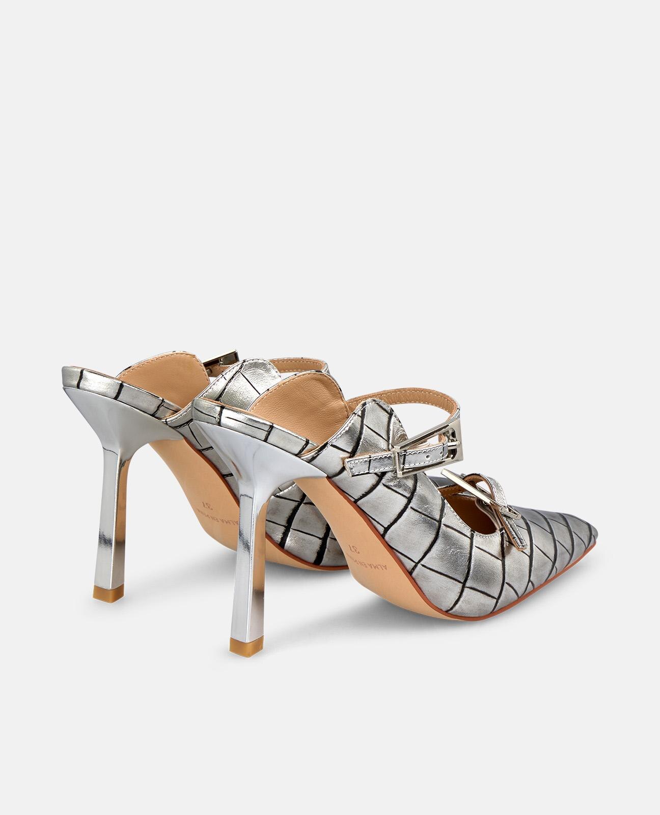 Sapatos de Salto com o Calcanhar Aberto com Duas Fivelas Prata-3