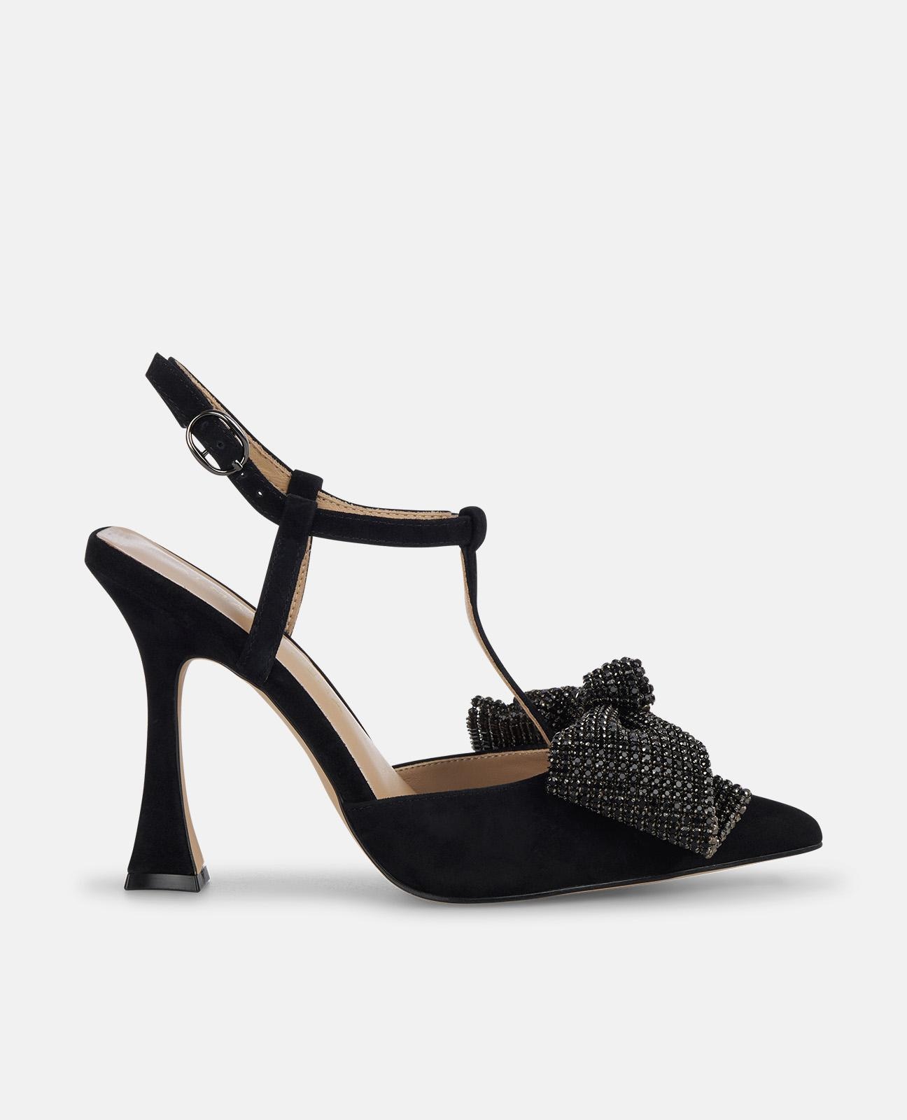 Sapatos de Salto com Laço de Pedraria e Fecho com Fivela Preto-1