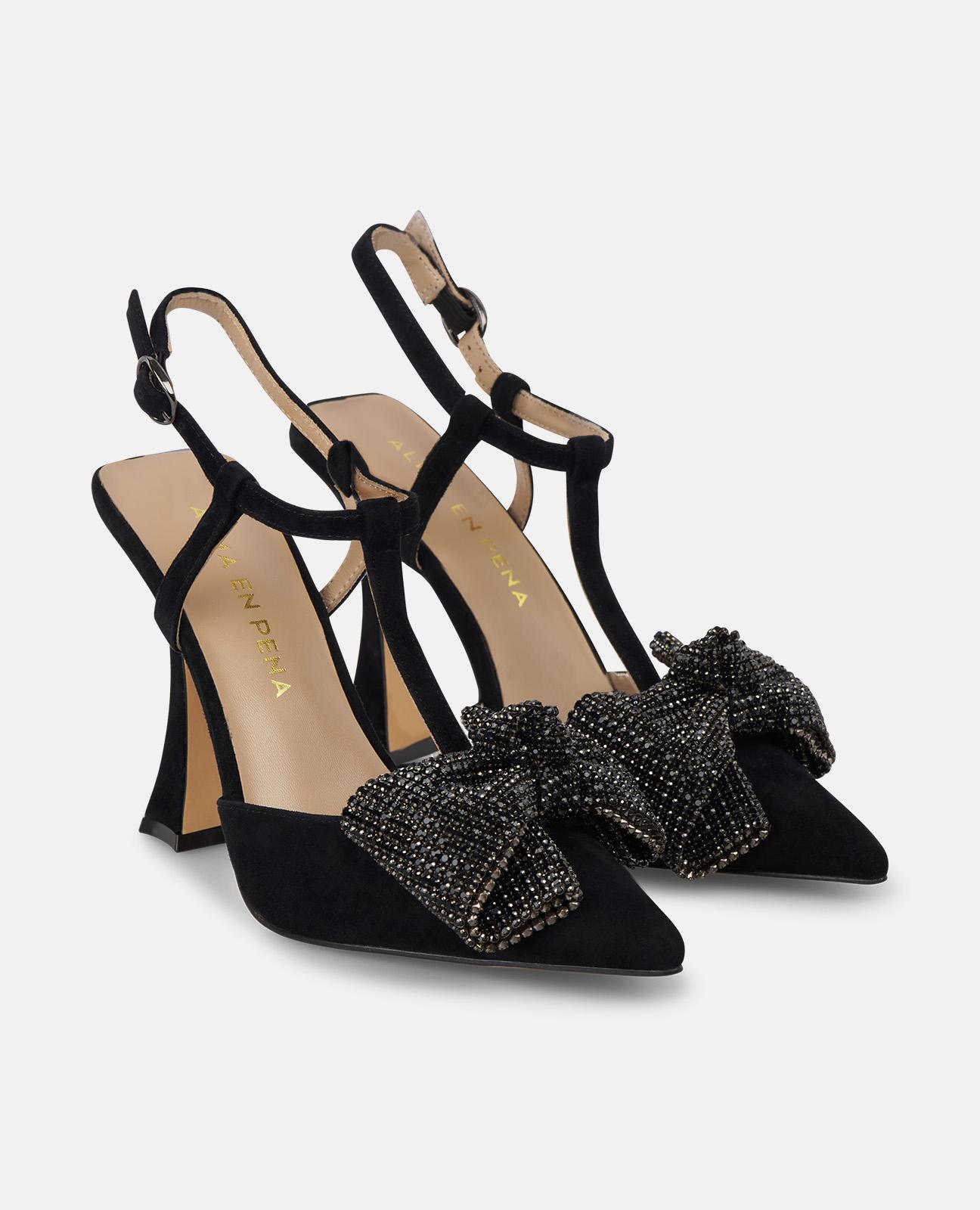 Sapatos de Salto com Laço de Pedraria e Fecho com Fivela Preto-2