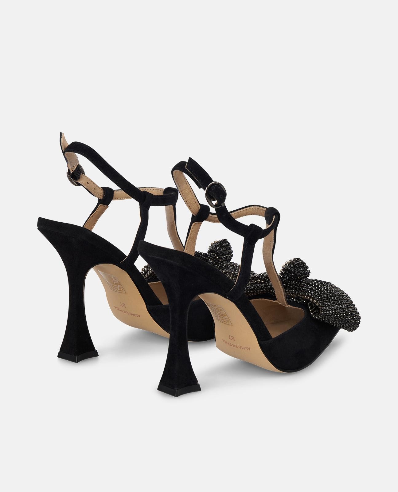 Sapatos de Salto com Laço de Pedraria e Fecho com Fivela Preto-3