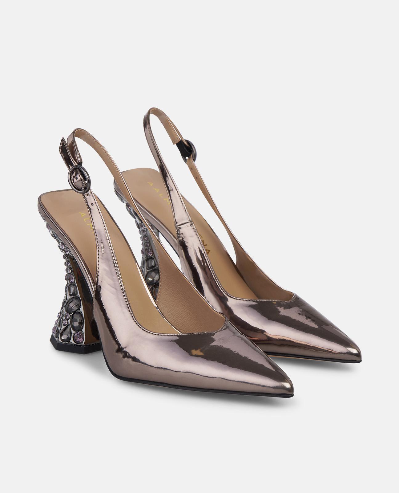 Sapatos de Salto com o Calcanhar Aberto e Tacão Joia em Forma de Funil Prata-2