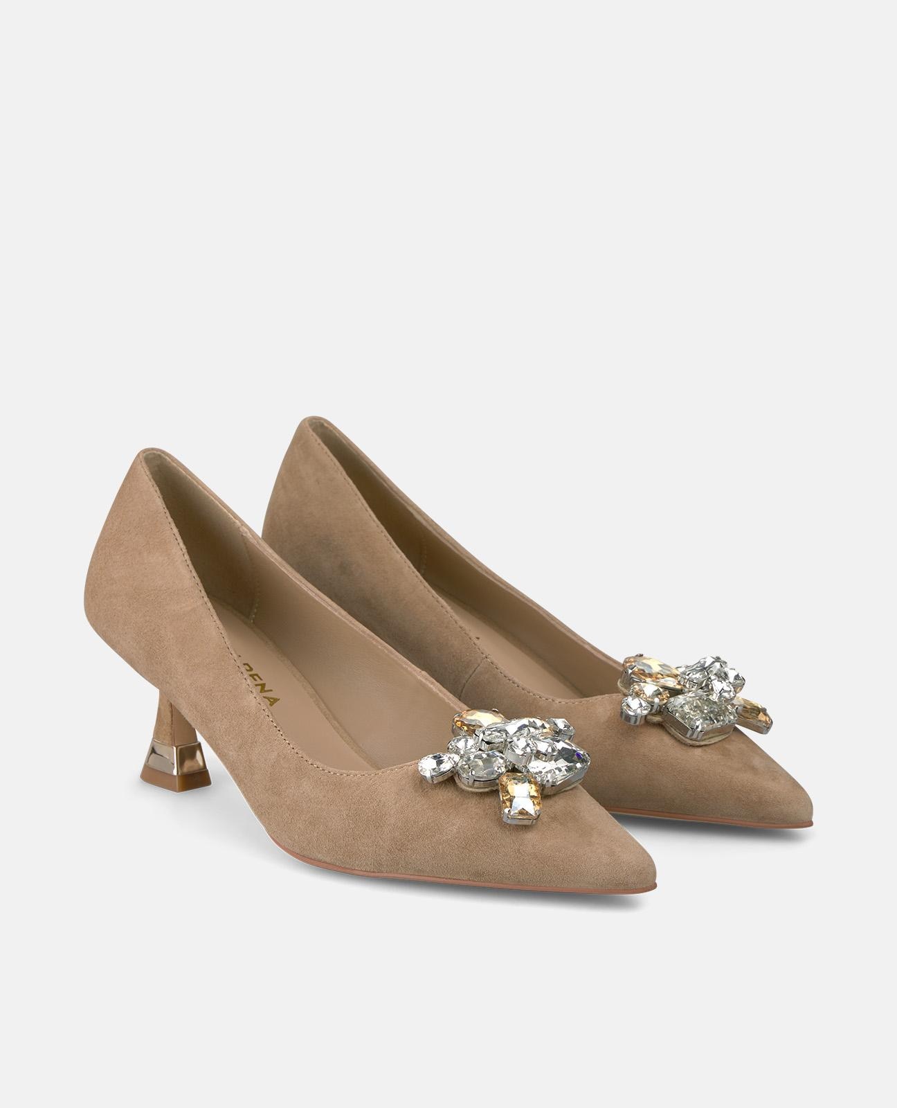 Sapatos de Salto com Flor de Pedraria e Biqueira Afiada Camel-2