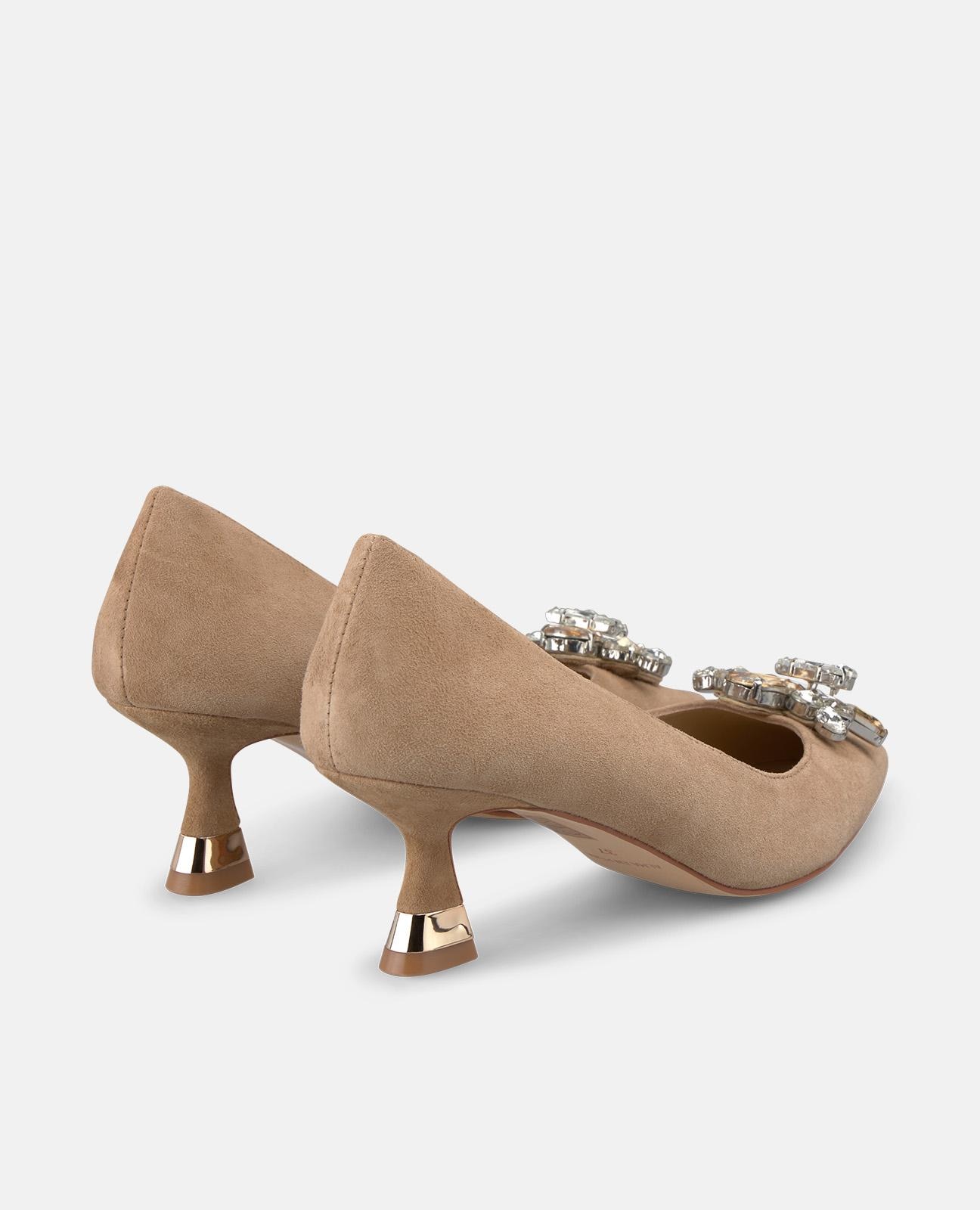 Sapatos de Salto com Flor de Pedraria e Biqueira Afiada Camel-3