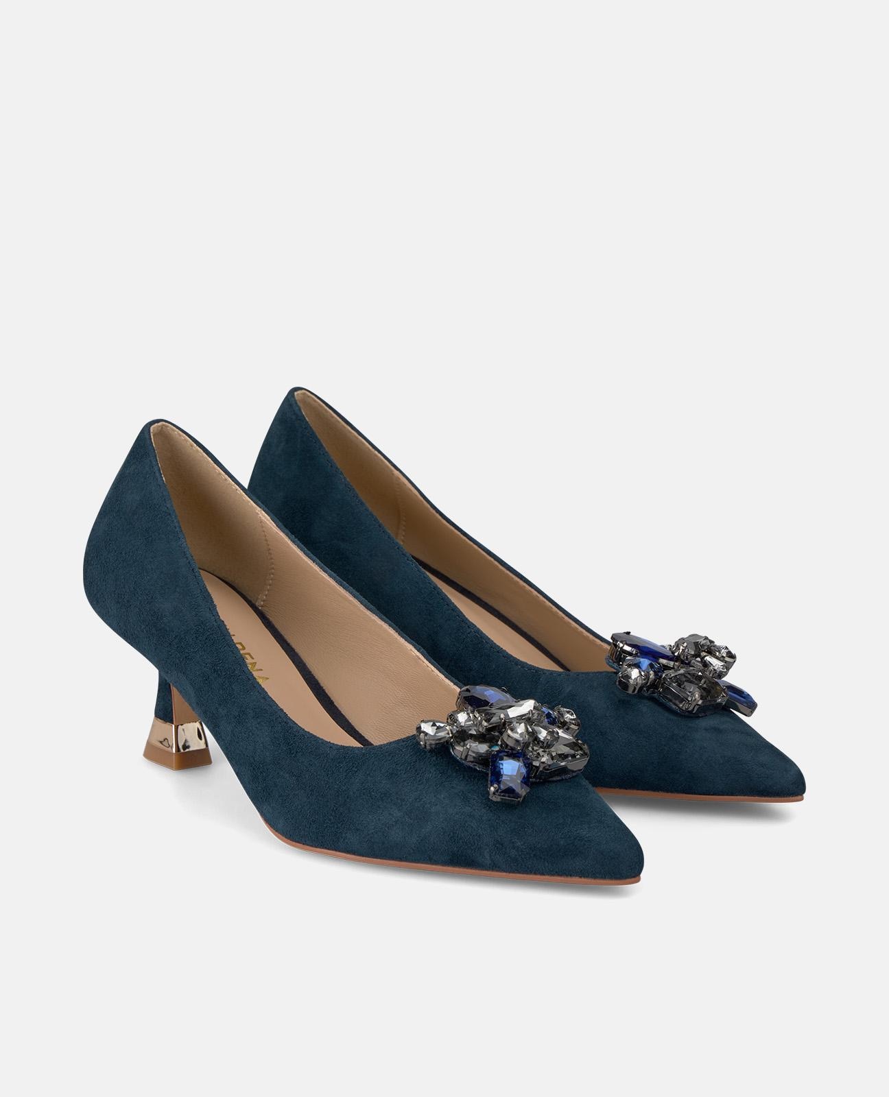 Sapatos de Salto com Flor de Pedraria e Biqueira Afiada Azul-marinho-2