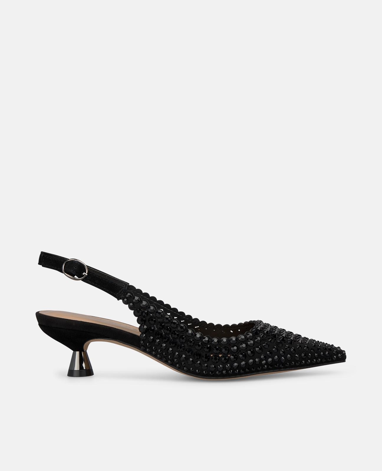 Sapatos de Salto Coberto com Pedraria e Tacão Baixo Preto-1