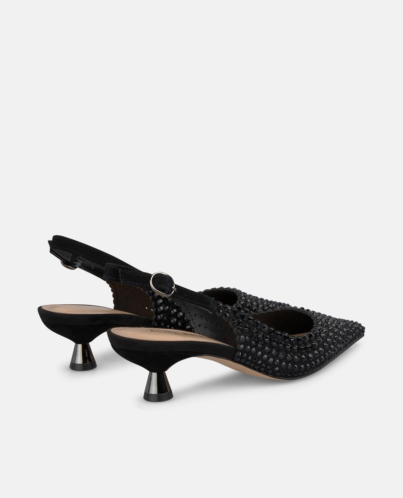 Sapatos de Salto Coberto com Pedraria e Tacão Baixo Preto-3