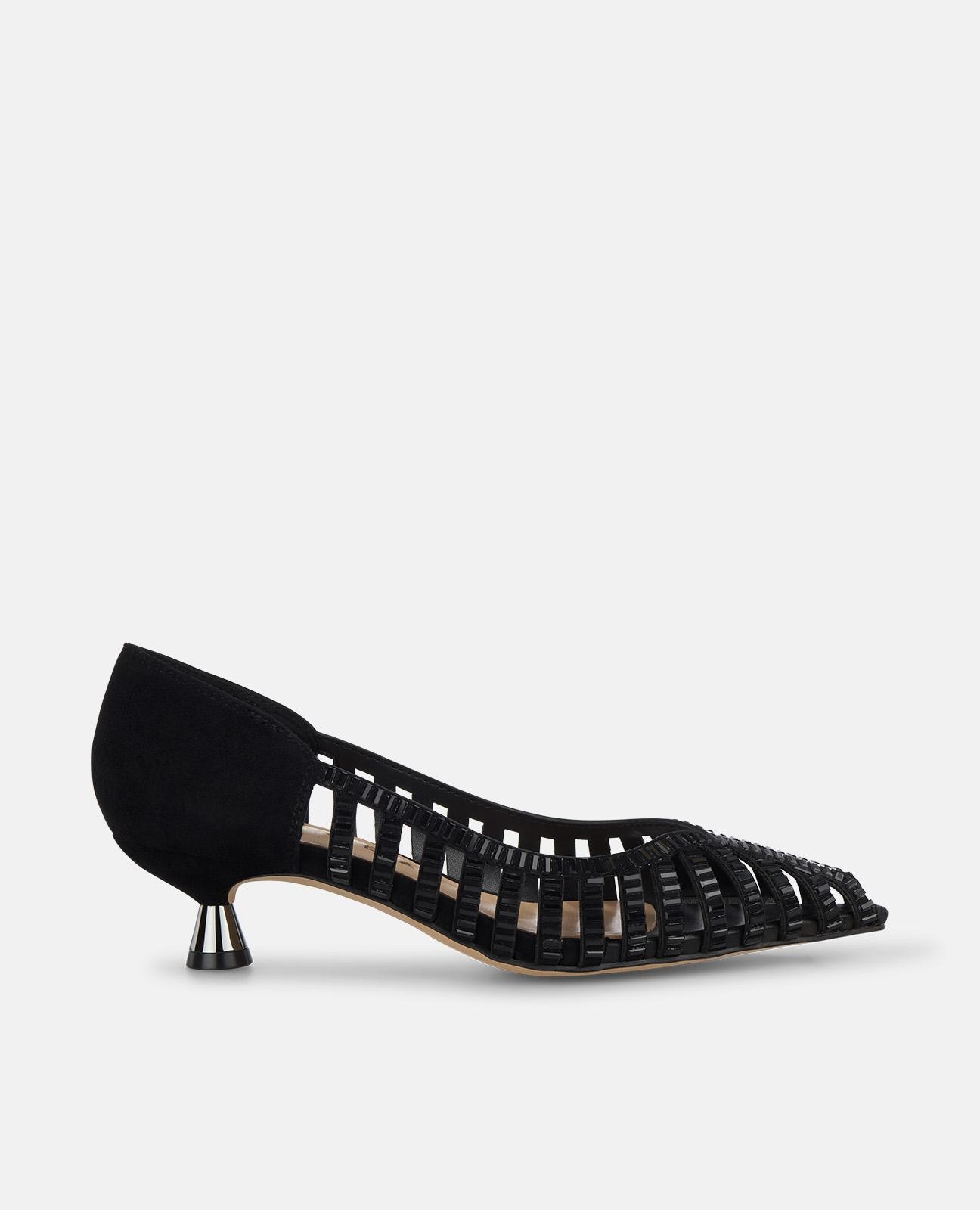 Sapatos de Salto Efeito Espelho com Tacão Baixo Preto-1