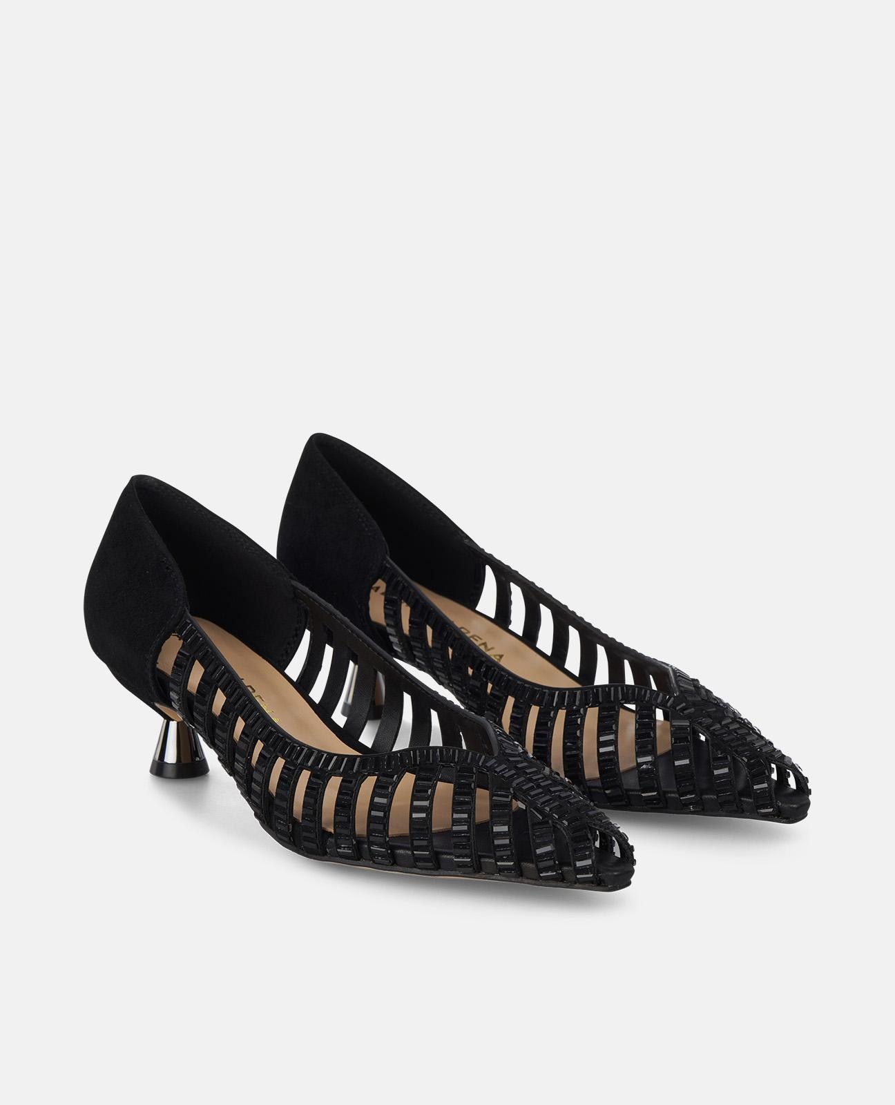 Sapatos de Salto Efeito Espelho com Tacão Baixo Preto-2