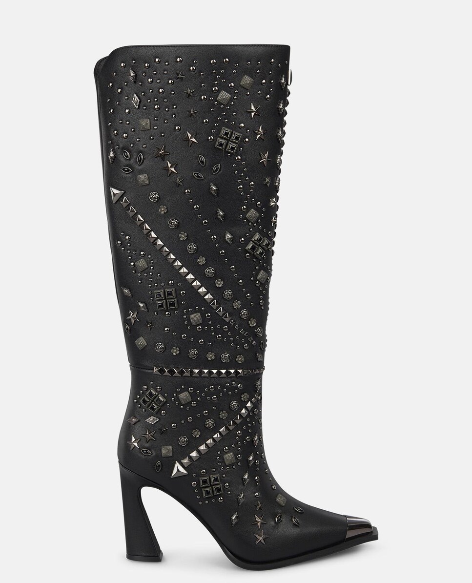 Botas de Salto com Pedras Decorativas no Cano e Biqueira Pontiaguda com Detalhe Metálico Preto-1