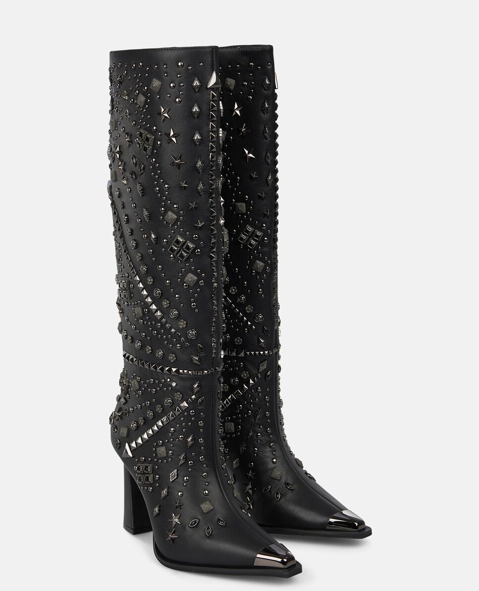 Botas de Salto com Pedras Decorativas no Cano e Biqueira Pontiaguda com Detalhe Metálico Preto-2