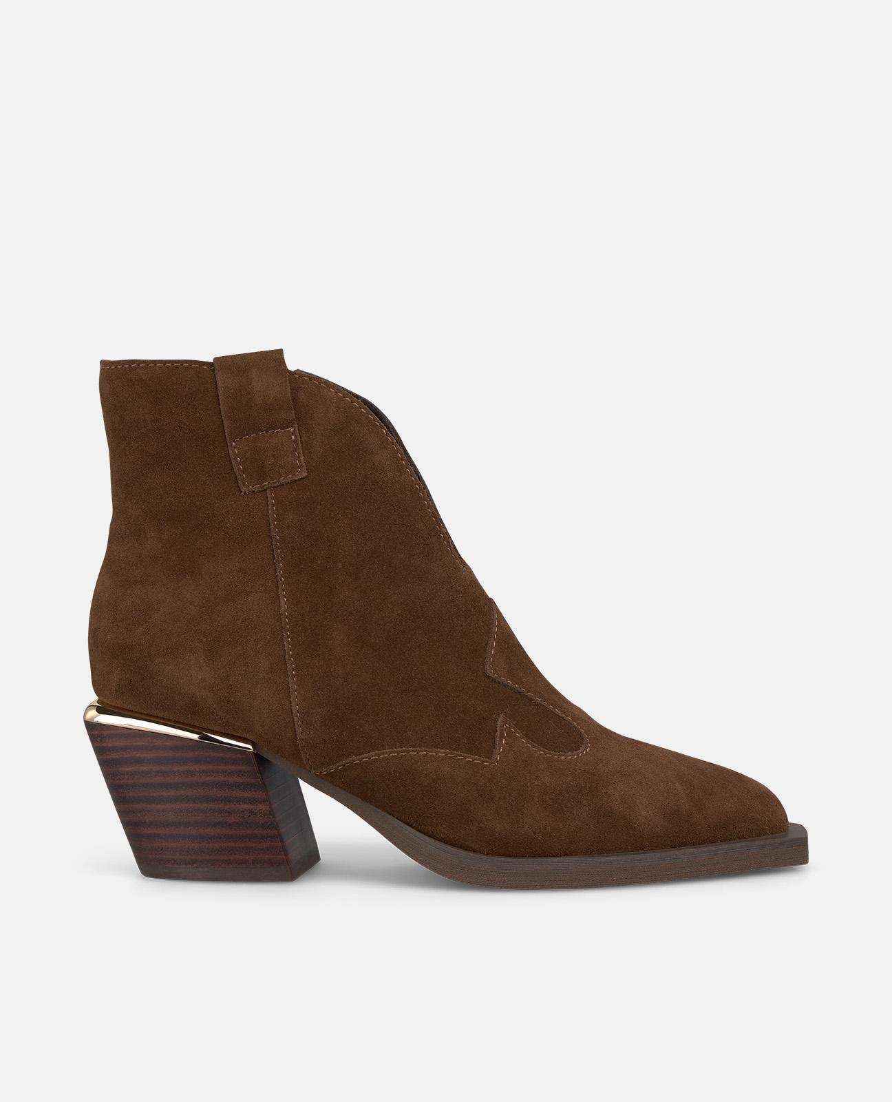 Botins Básicos com Tacão Largo Bordados e Fecho Zip Camel-1