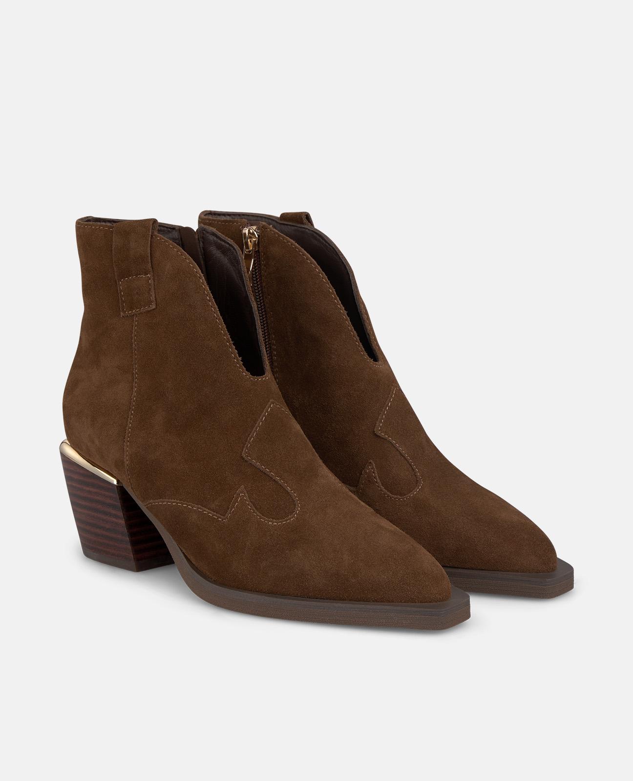 Botins Básicos com Tacão Largo Bordados e Fecho Zip Camel-2