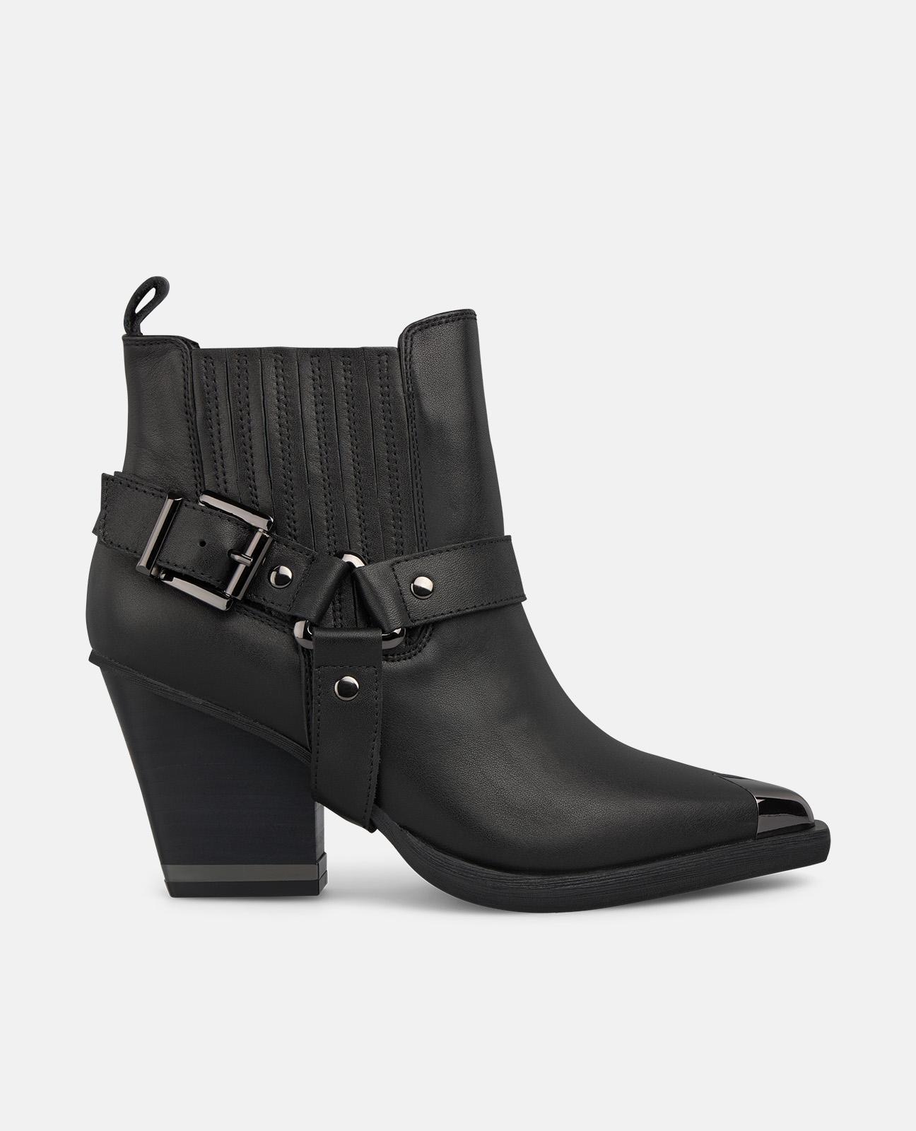 Botins com Salto Largo com Fivela e Biqueira Pontiaguda Preto-1