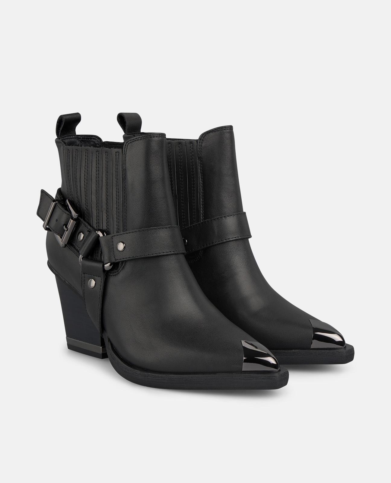 Botins com Salto Largo com Fivela e Biqueira Pontiaguda Preto-2