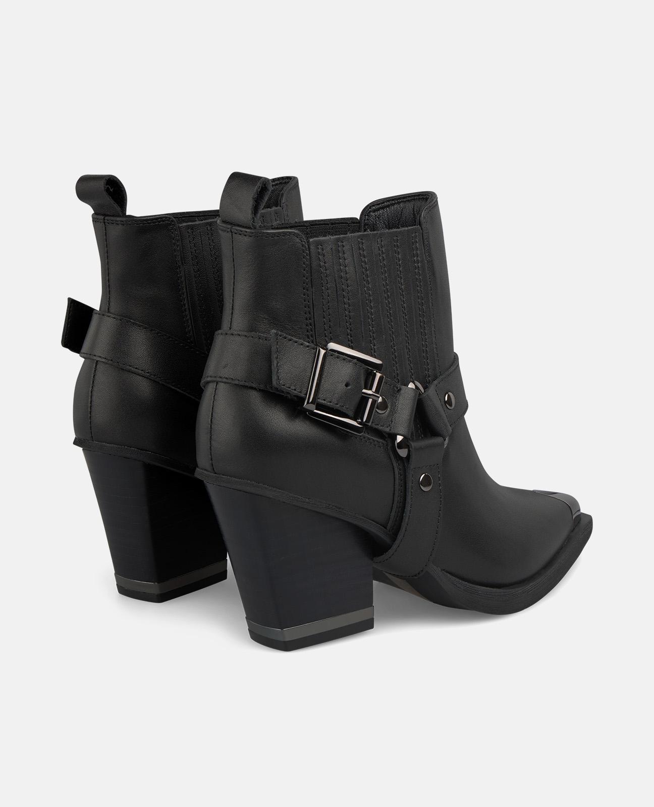 Botins com Salto Largo com Fivela e Biqueira Pontiaguda Preto-3