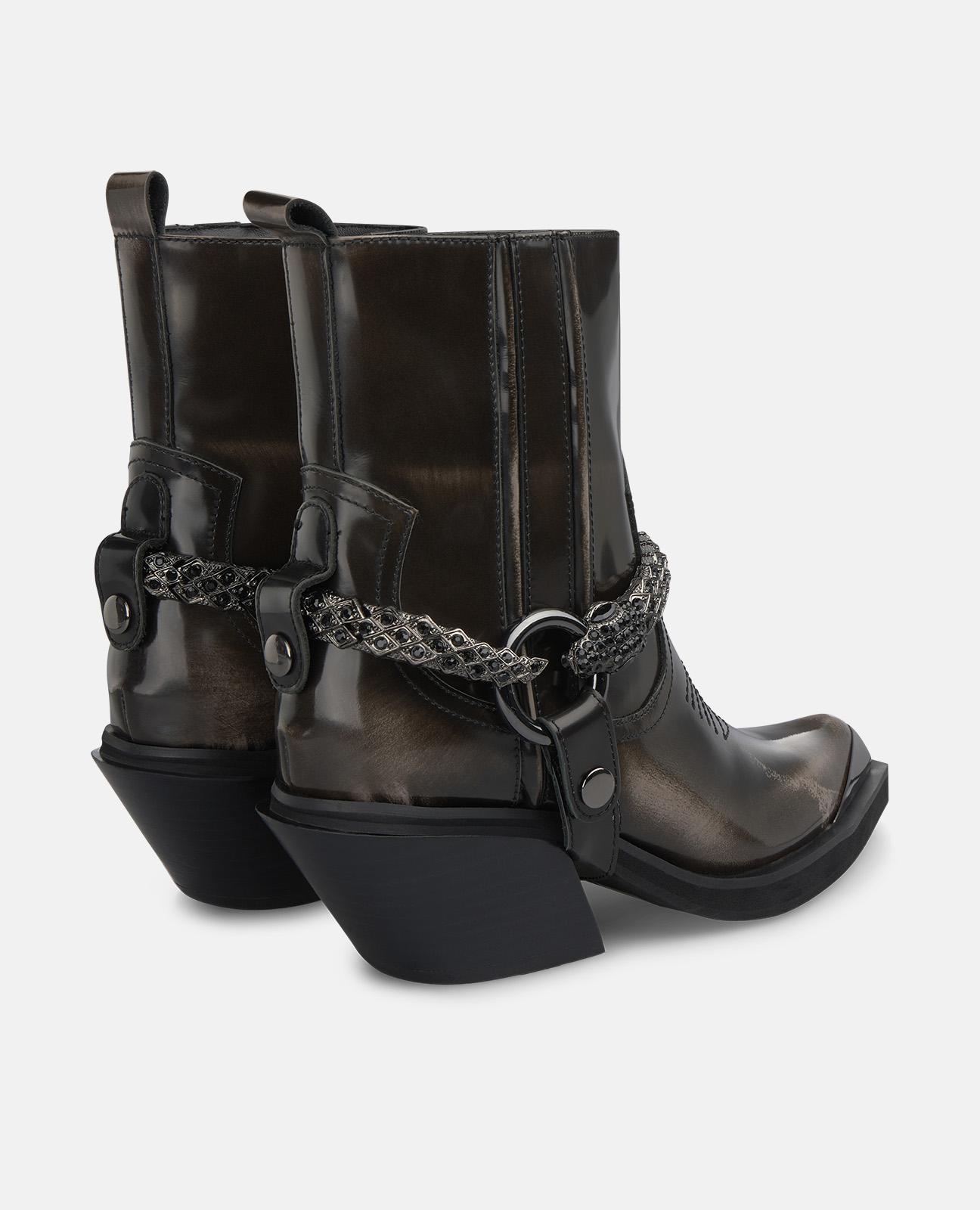 Botins Cowboy com Detalhe de Serpente e Tacão Largo Castanho-3