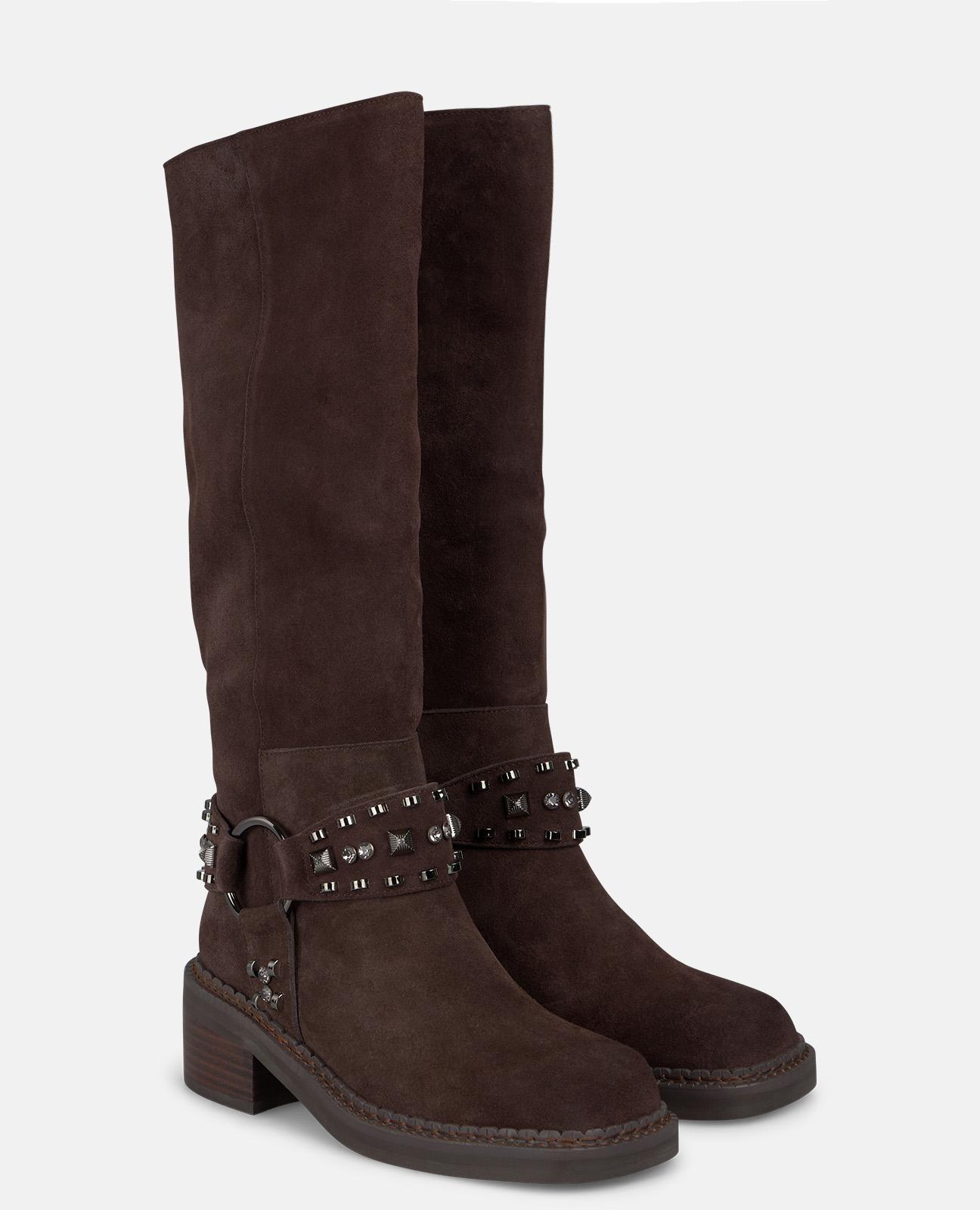 Botas Biker Altas Rasas com Tachas Castanho-2