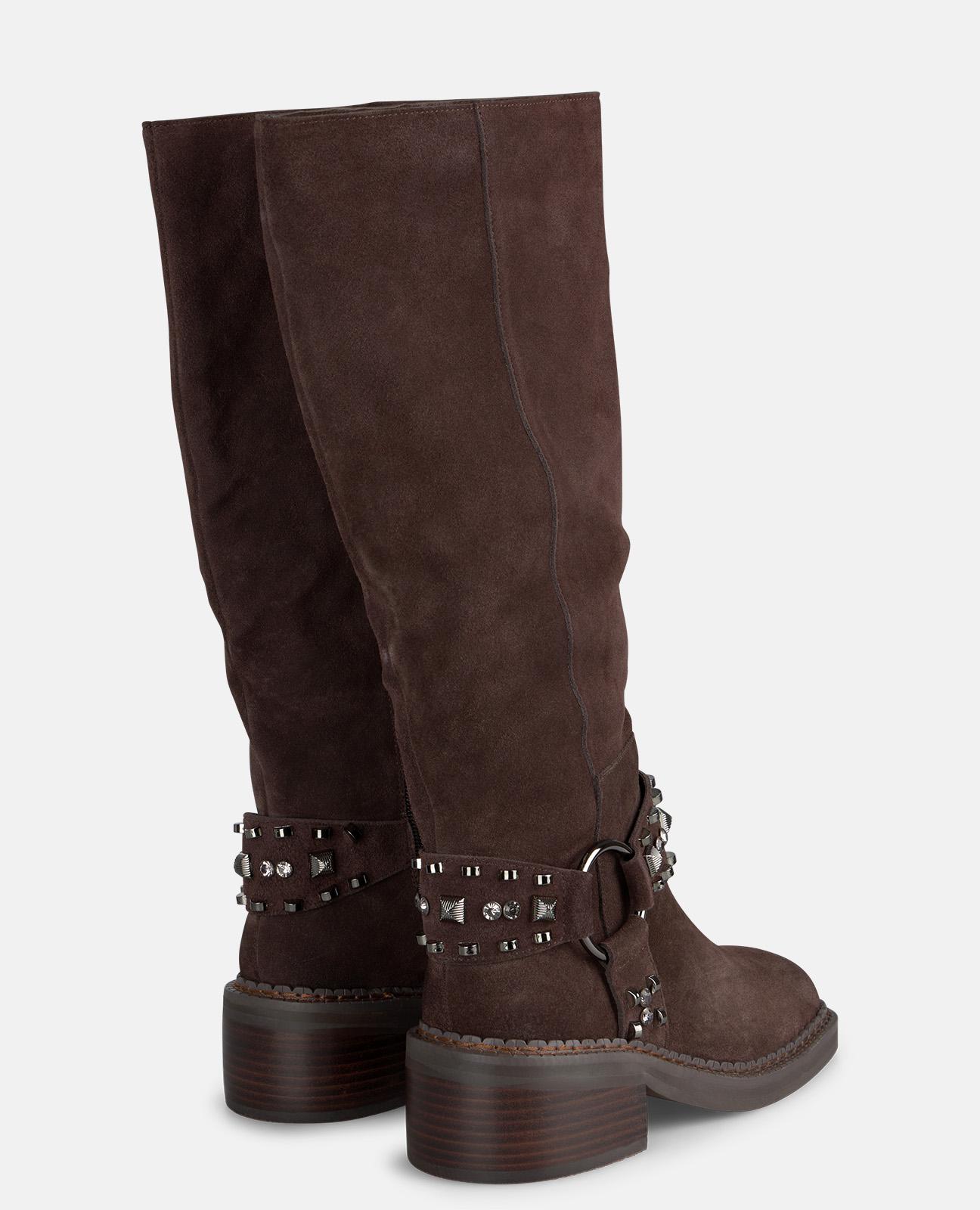 Botas Biker Altas Rasas com Tachas Castanho-3