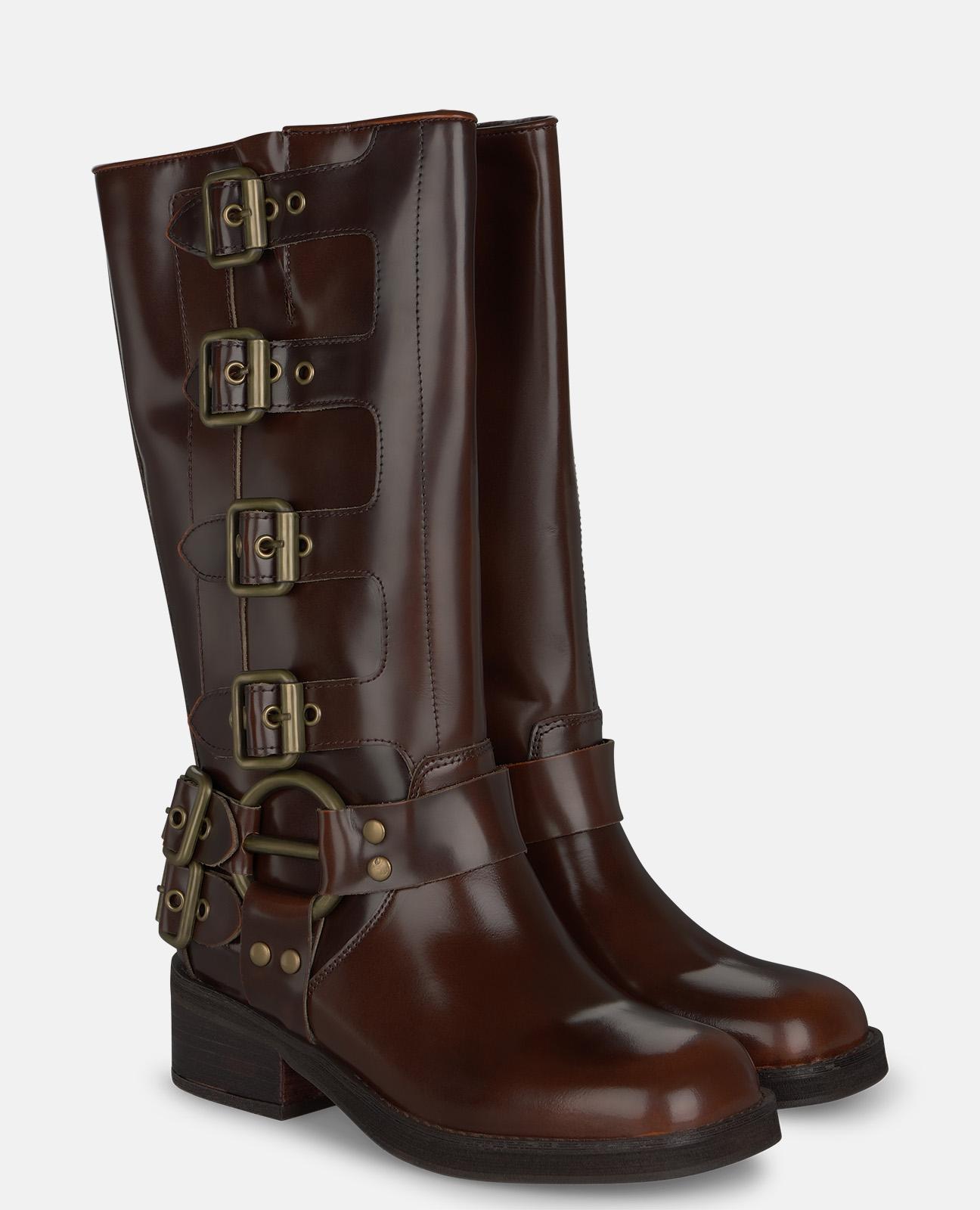 Botas Biker Rasas com Fivelas e Tacão Largo Camel-2