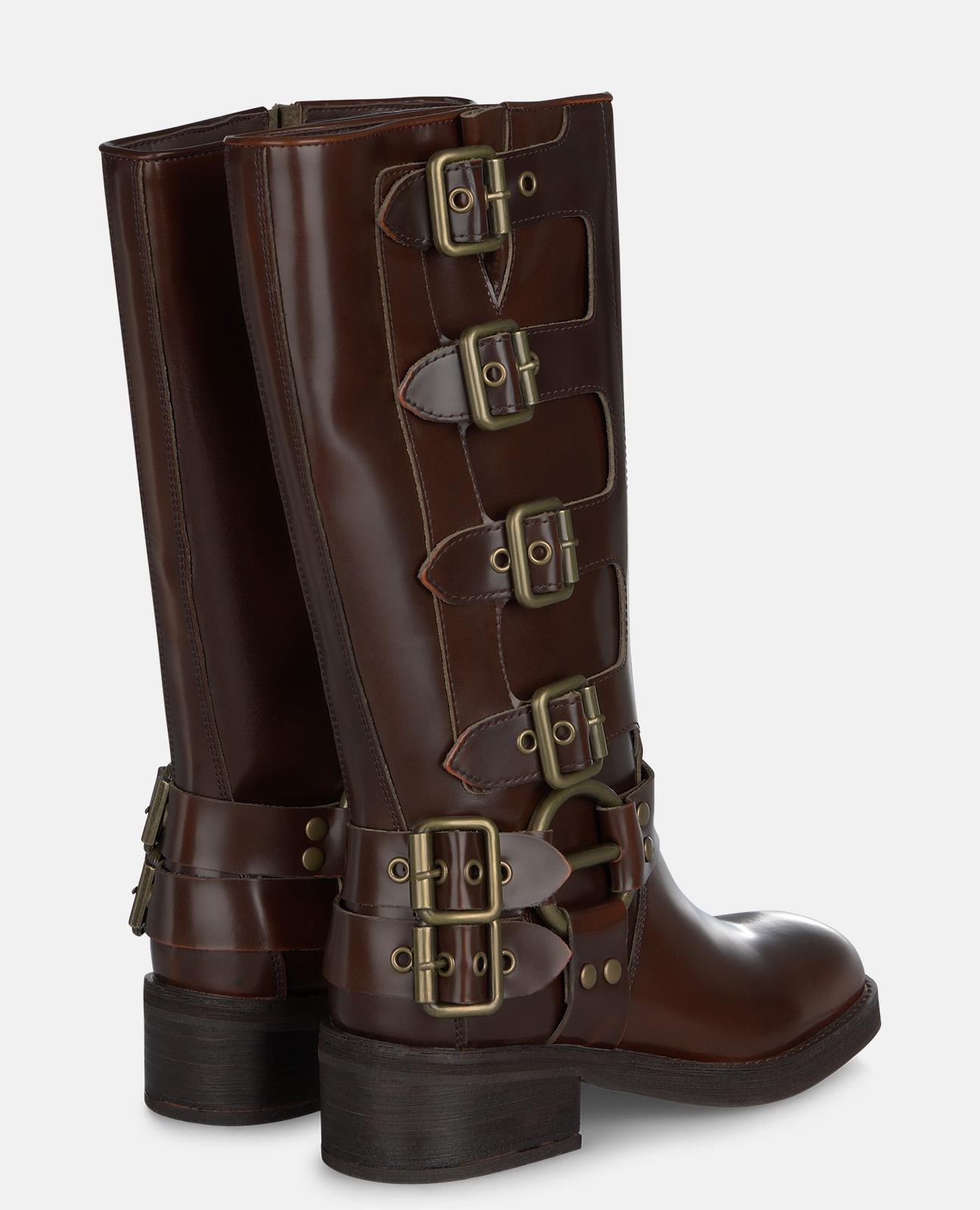 Botas Biker Rasas com Fivelas e Tacão Largo Camel-3