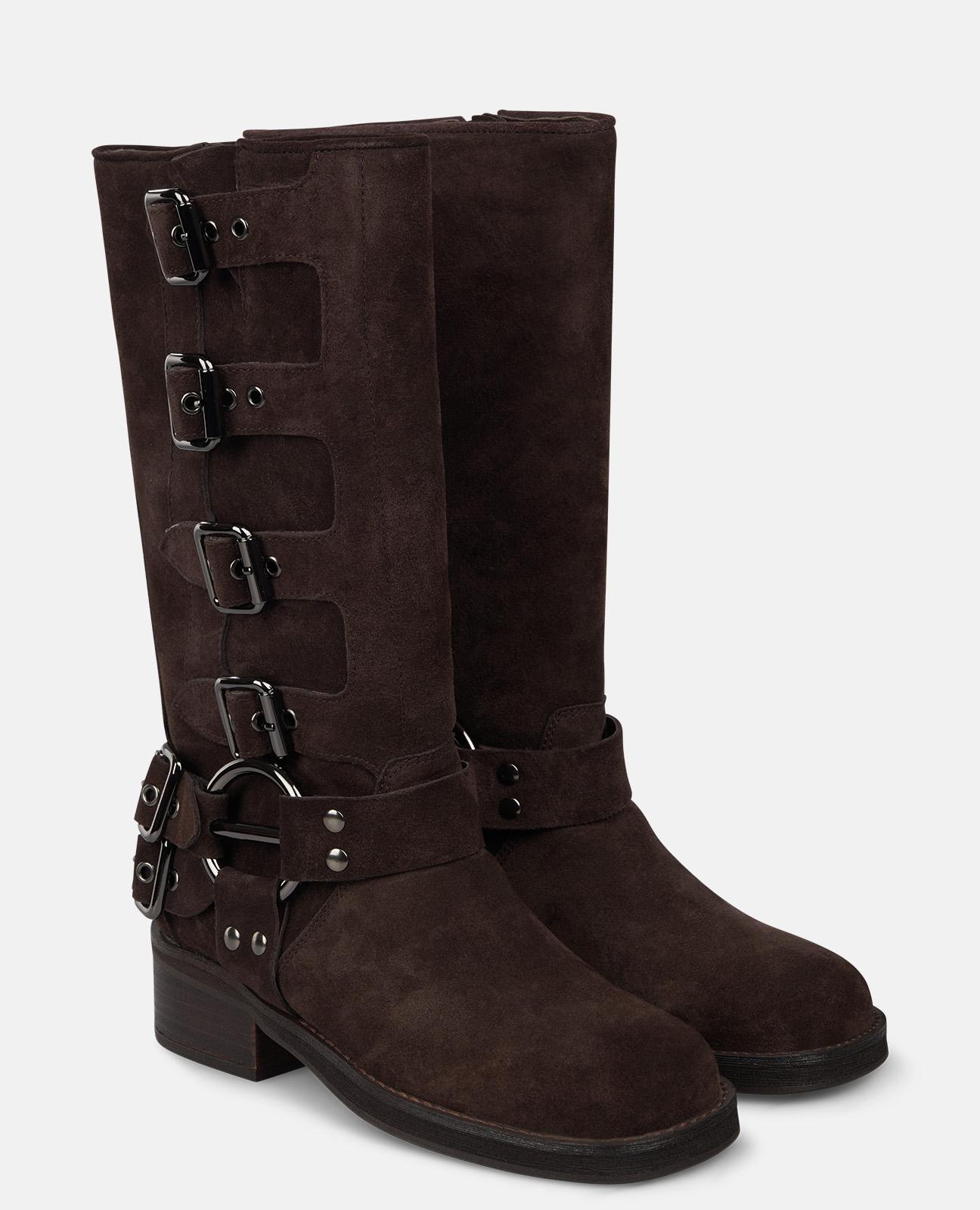 Botas Biker com Fivelas de Salto Largo sem Fecho Castanho-2