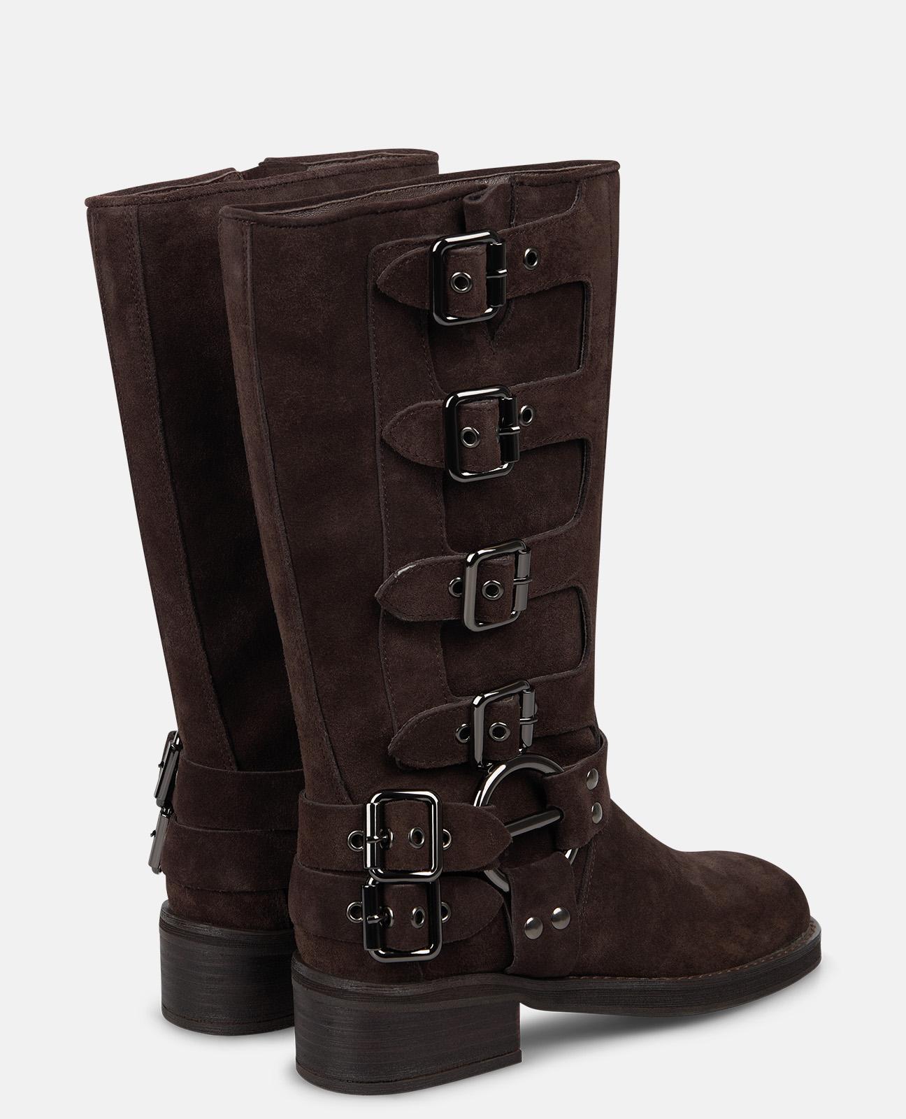 Botas Biker com Fivelas de Salto Largo sem Fecho Castanho-3