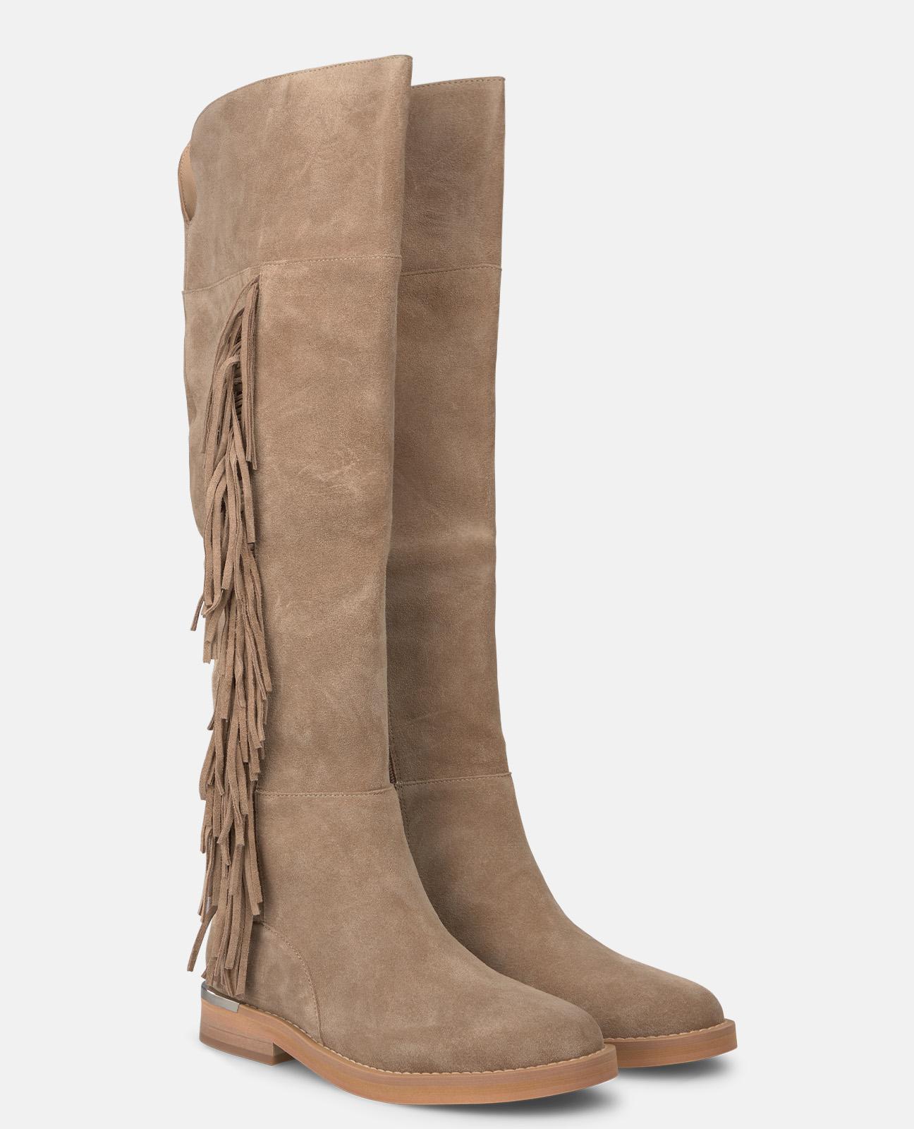 Botas Rasas com Franjas e Fecho Zip Bege-2