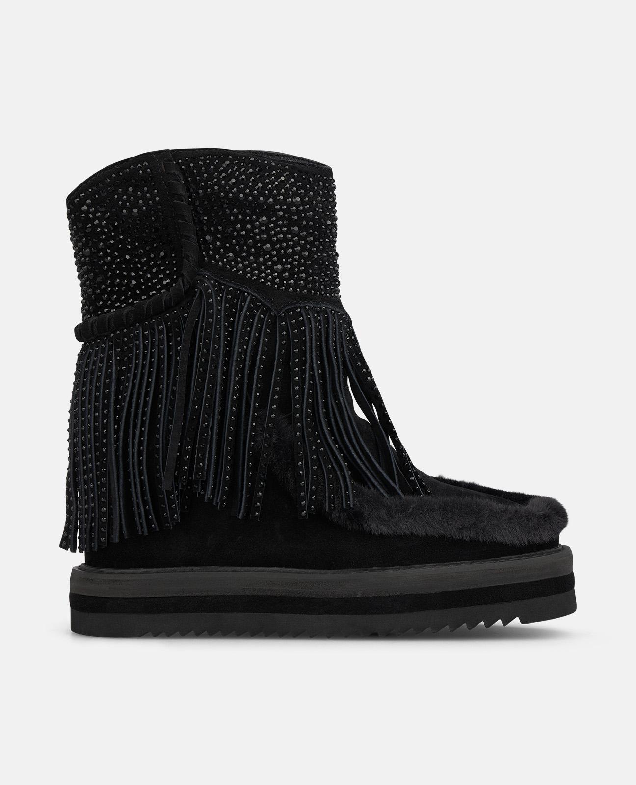 Imagem 0 de Botines de pelo de mujer con flecos de pedrería y puntera redondeada