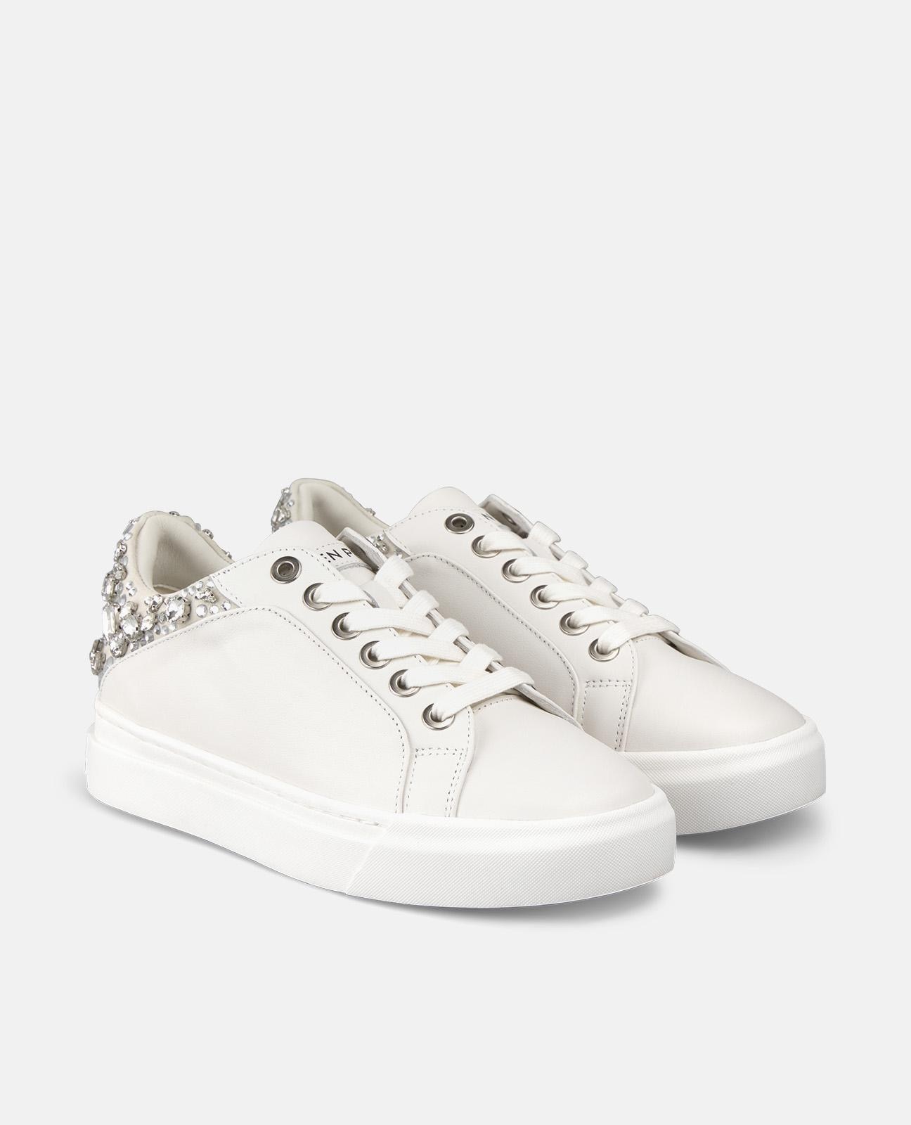Sapatilhas Desportivas de Pele com Detalhes de Pedraria e Plataforma Branco-2