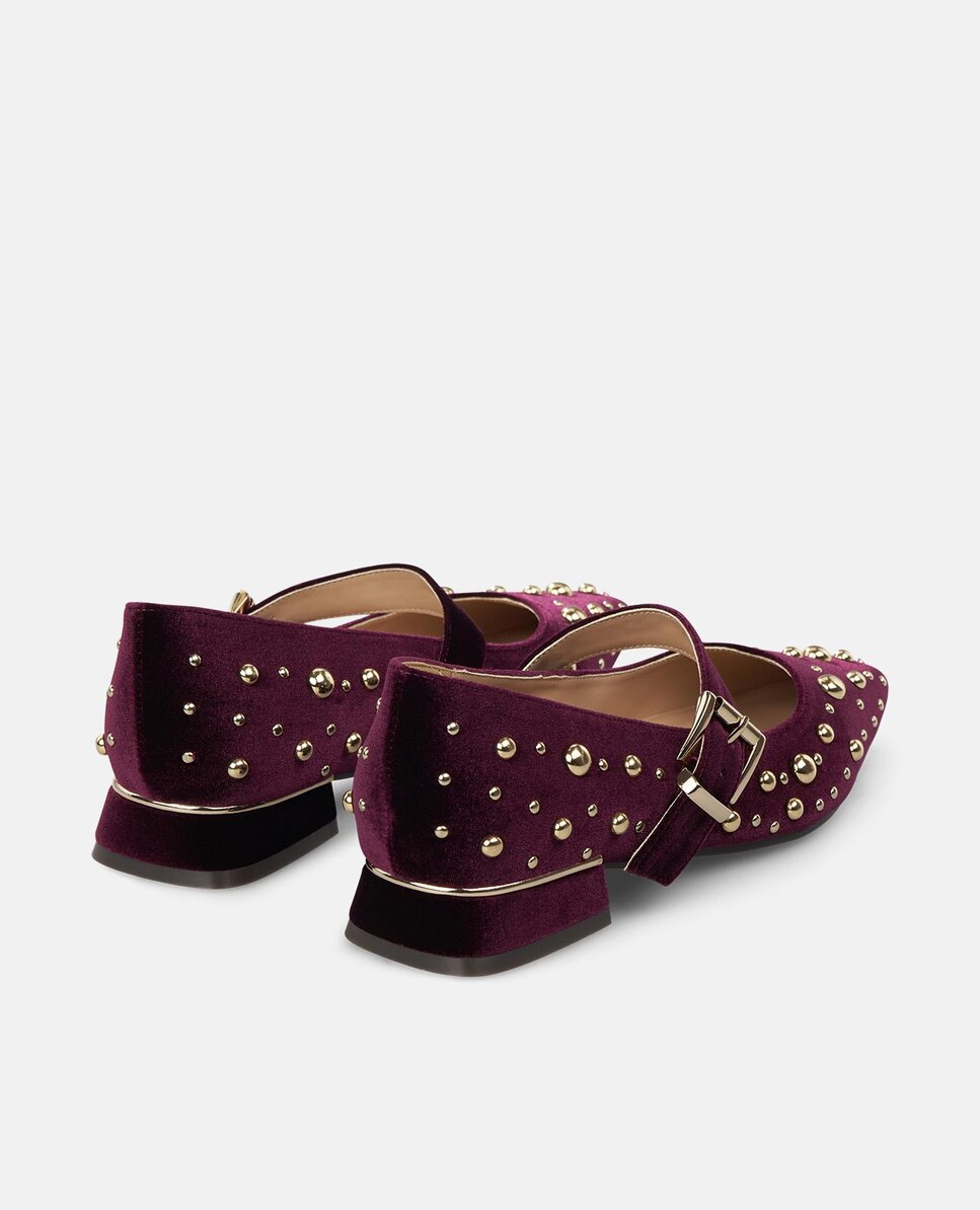 Sapatos de Presilha com Tacão com Tachas e Biqueira Afiada e Fecho de Fivela Bordeaux-3