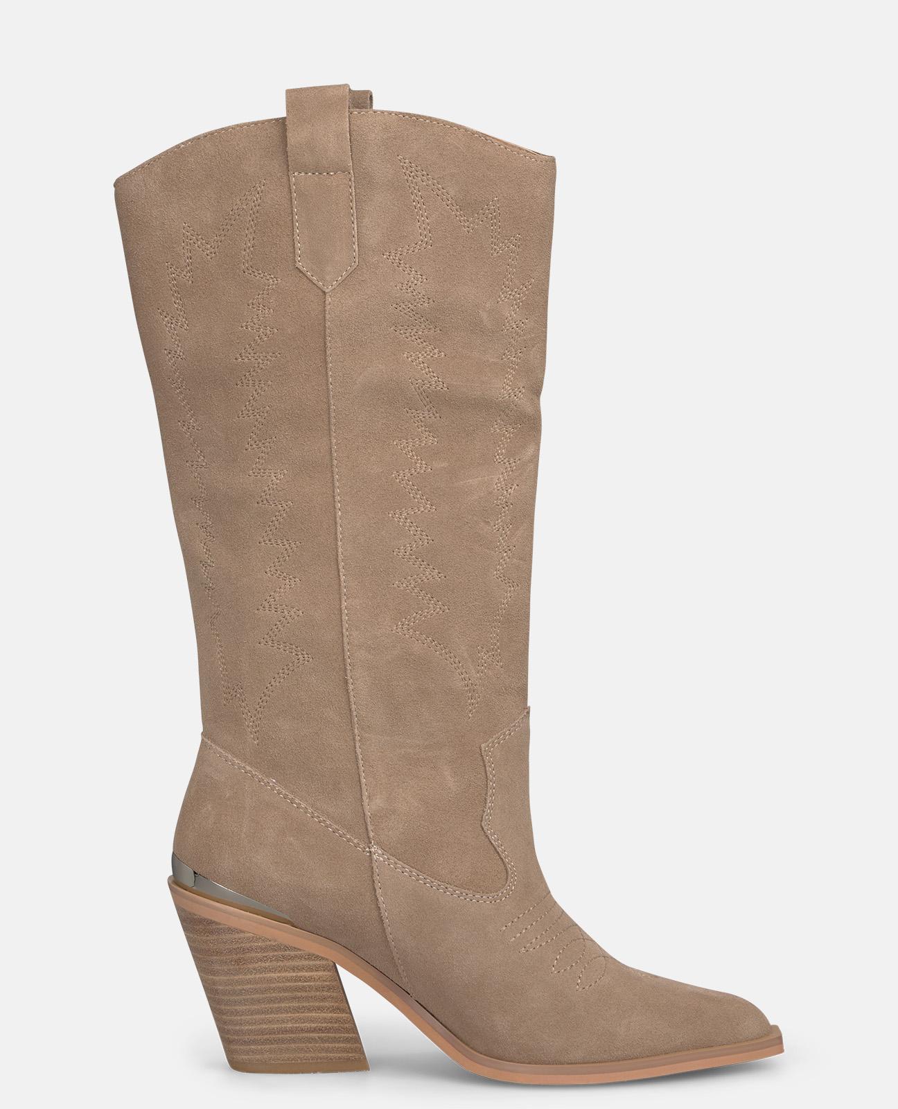 Botas Básicas Cowboy com Salto e Detalhe Metalizado Vison-1