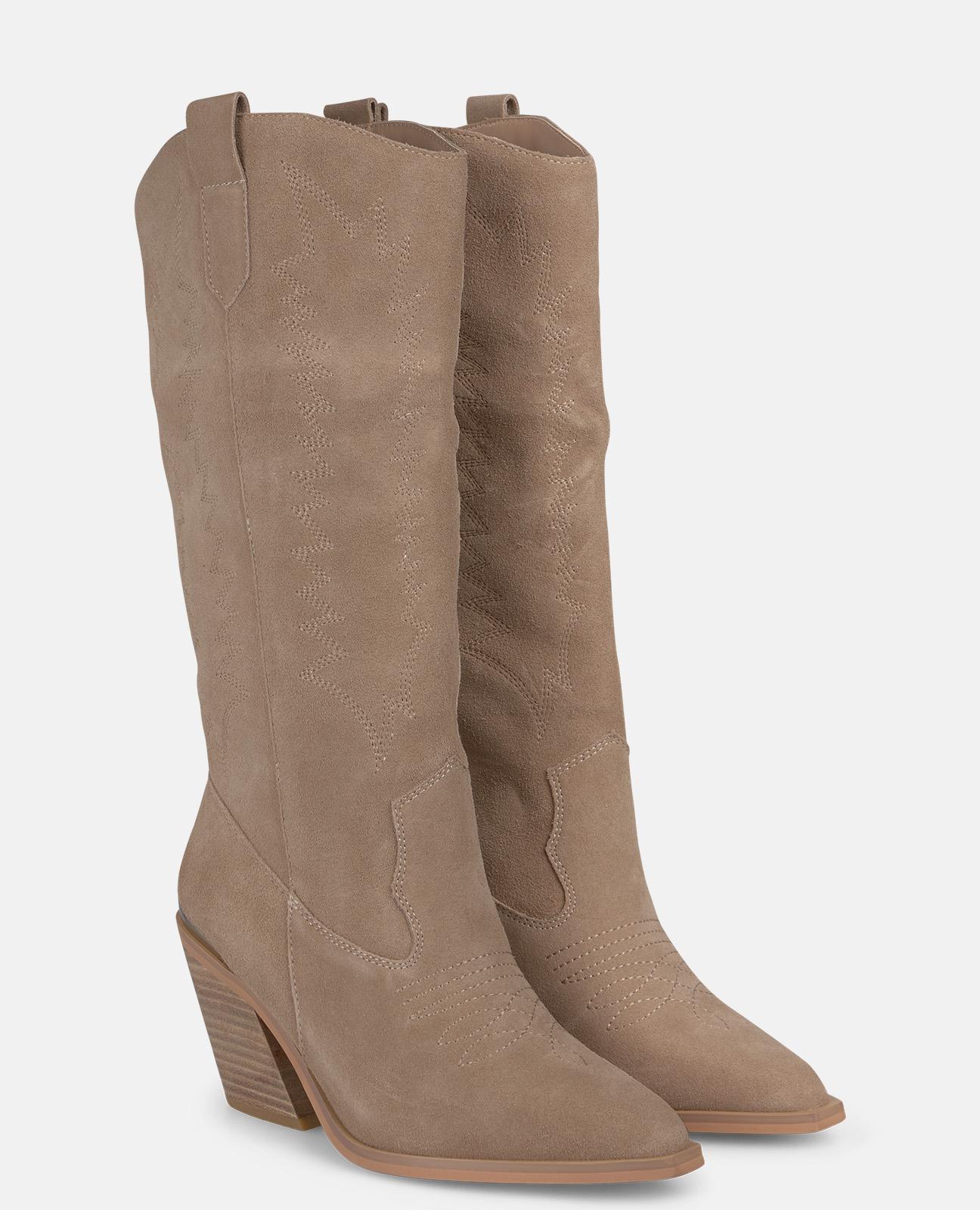 Botas Básicas Cowboy com Salto e Detalhe Metalizado Vison-2